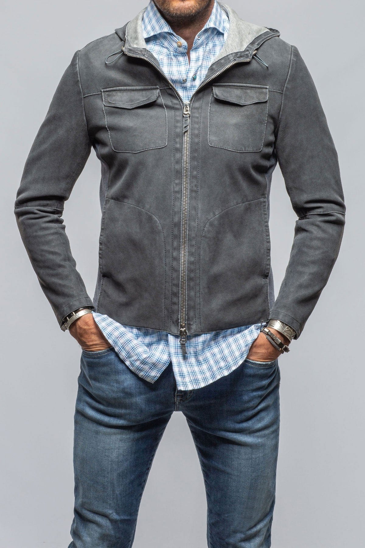 Gimo's Donnarumma Suede Hoodie In Denim Blue | Axel's of Vail