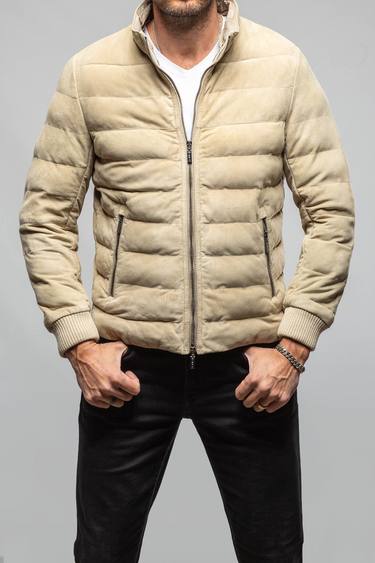 Loki Suede Puffer Jacket In Palomino - AXEL'S