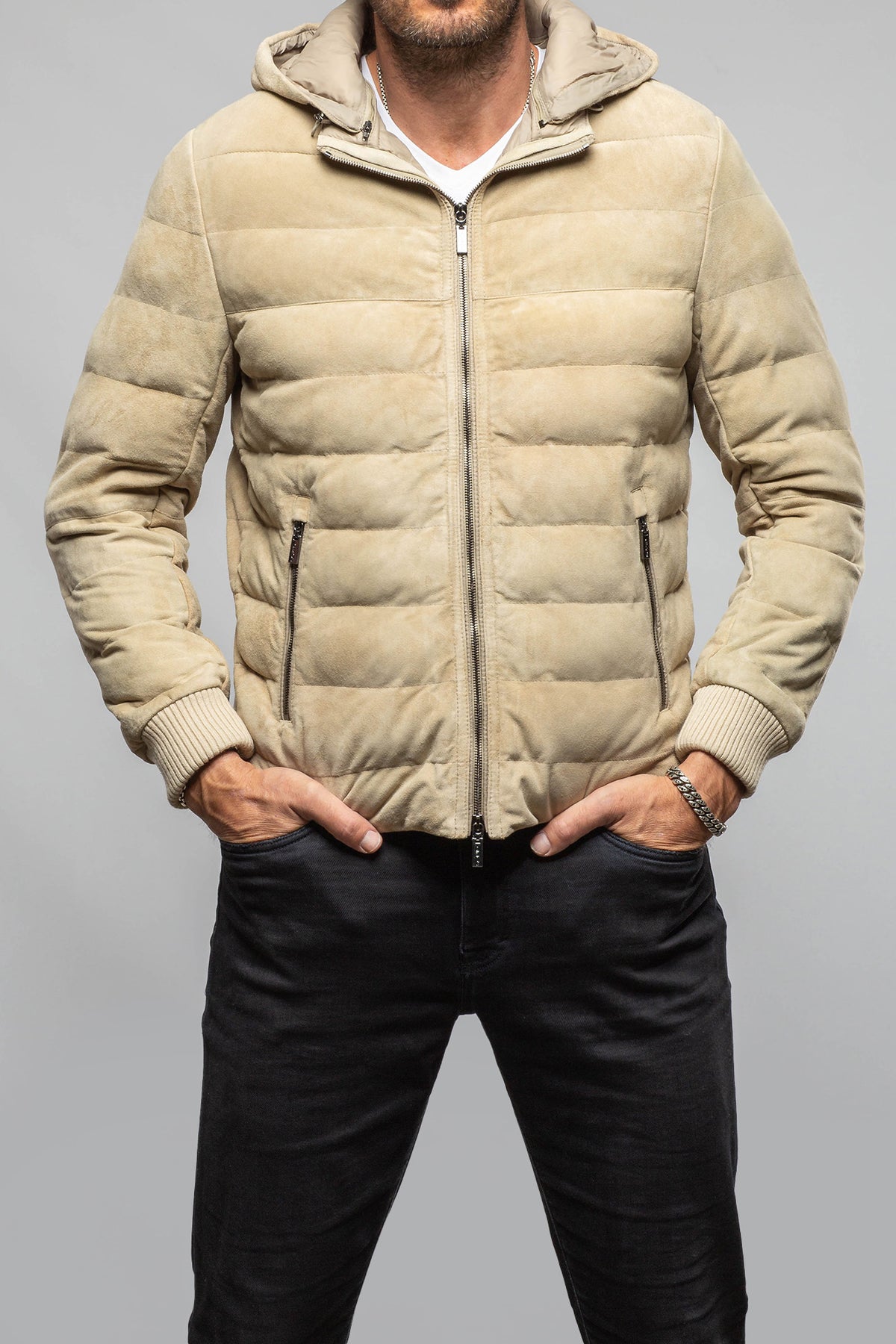Loki Suede Puffer Jacket In Palomino - AXEL'S