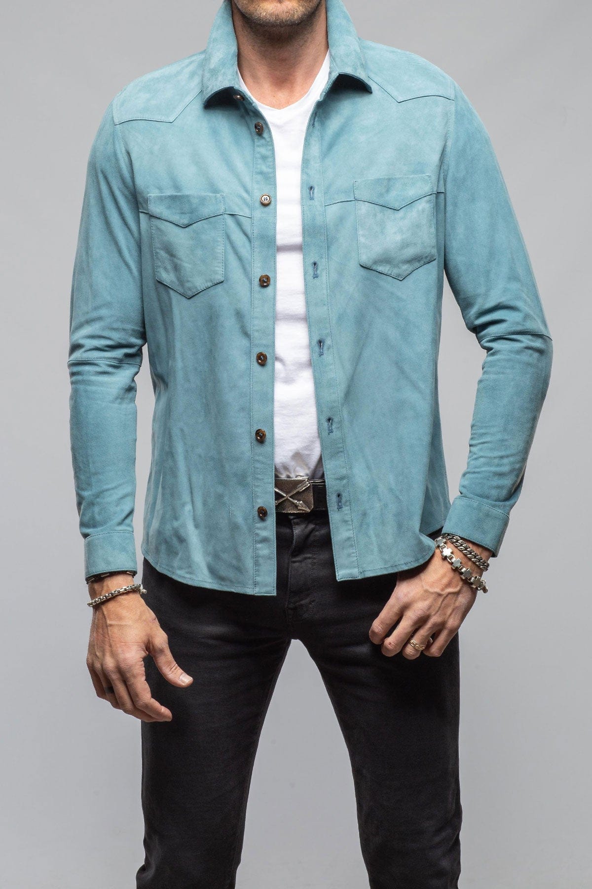 Red River Suede Western Shirt In Blue - AXEL'S