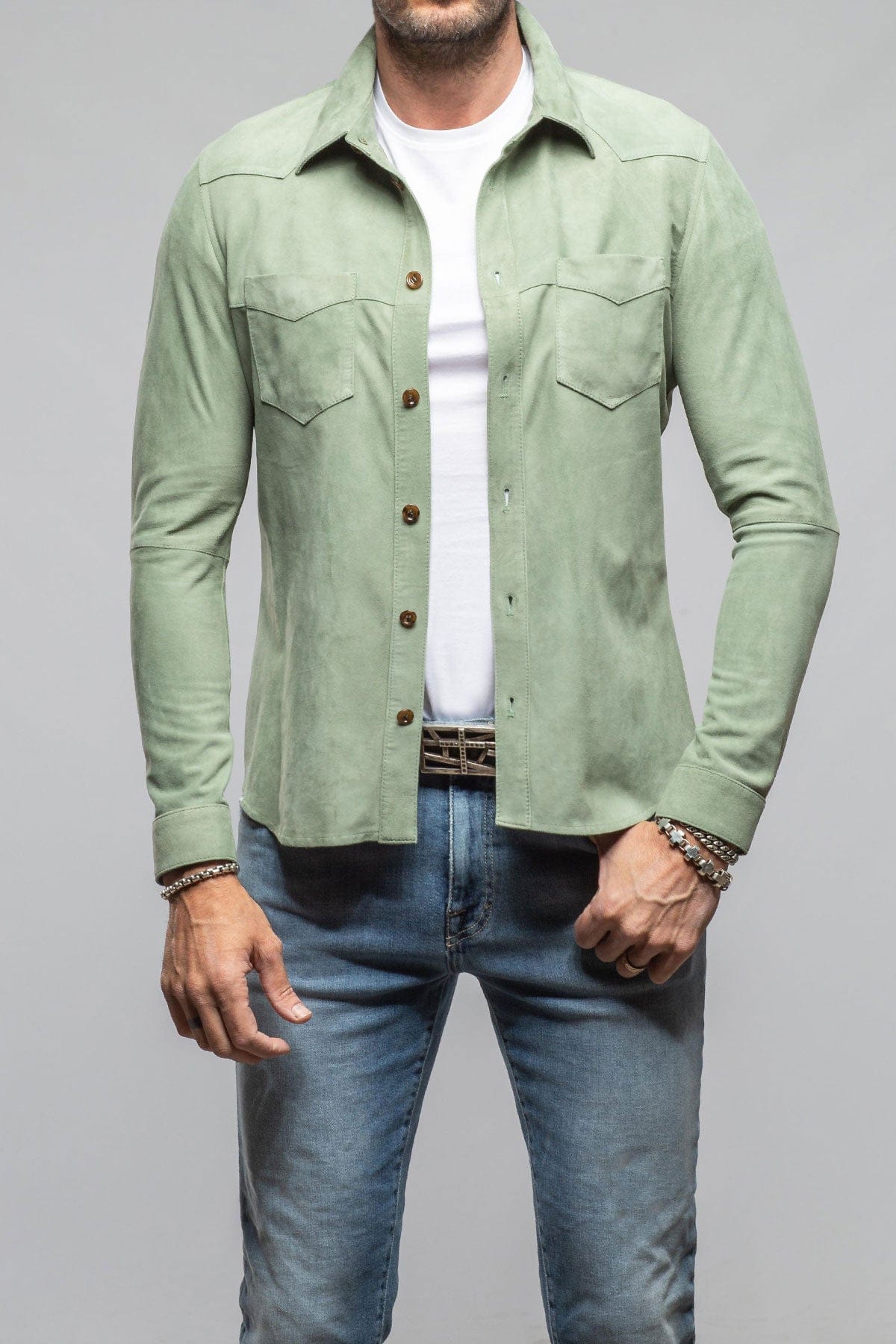 Gimo's Red River Suede Western Shirt In Green Mens - Outerwear - Leather