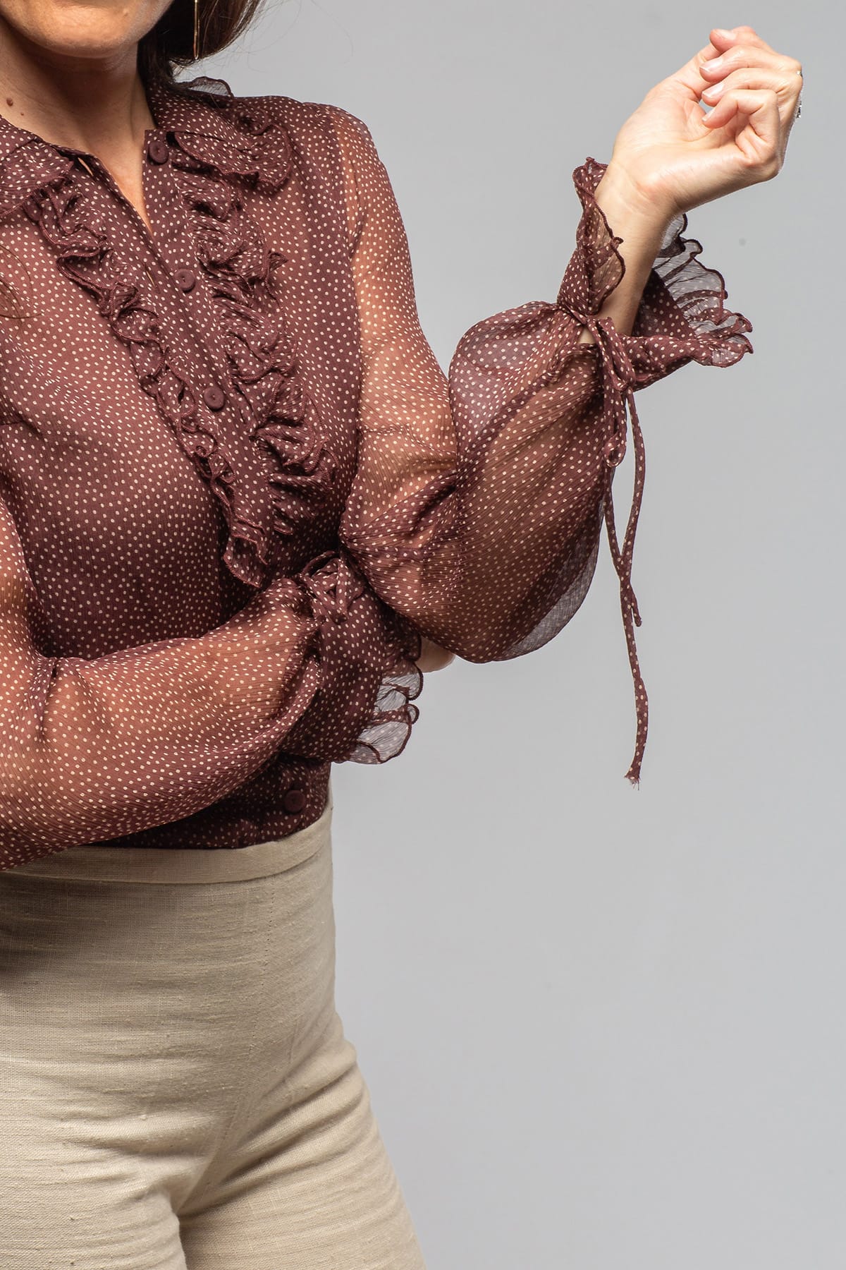 Julia Chiffon Ruffle V-Neck Blouse In Chocolate Polkadot - AXEL'S