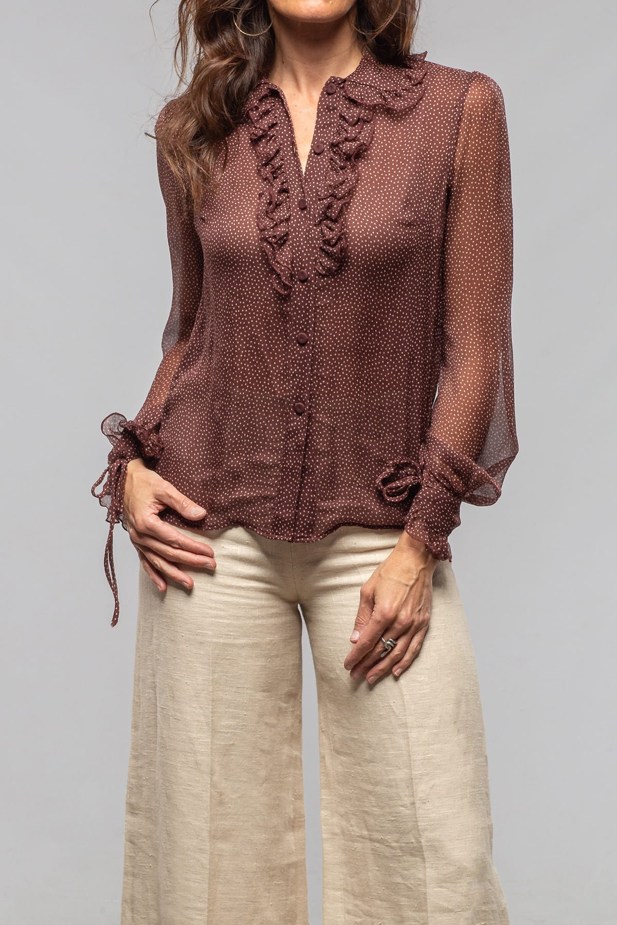 Julia Chiffon Ruffle V-Neck Blouse In Chocolate Polkadot - AXEL'S