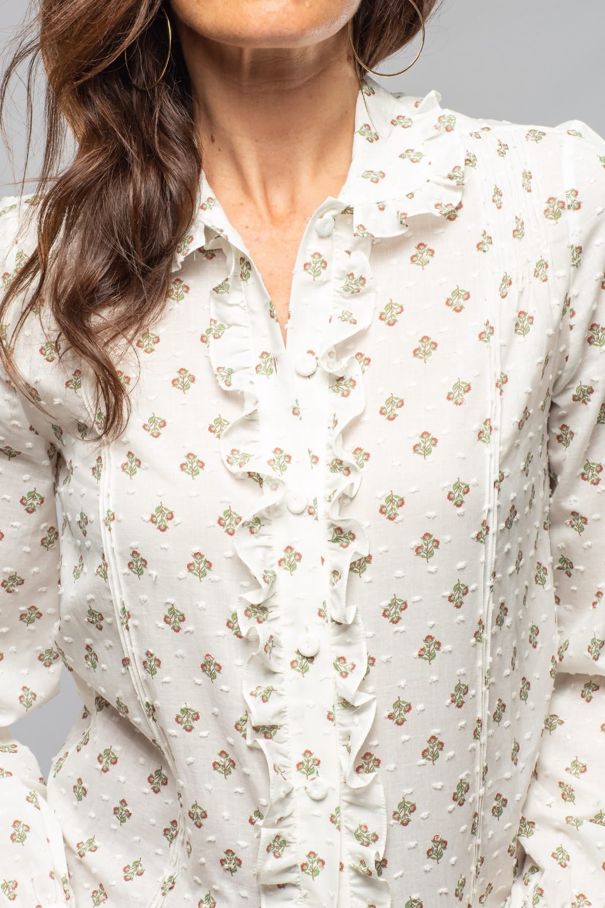 Liesl Cotton Ruffle Shirt Floral Print In White - AXEL'S