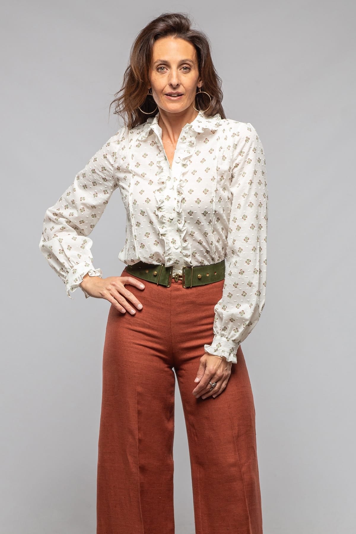 Liesl Cotton Ruffle Shirt Floral Print In White - AXEL'S