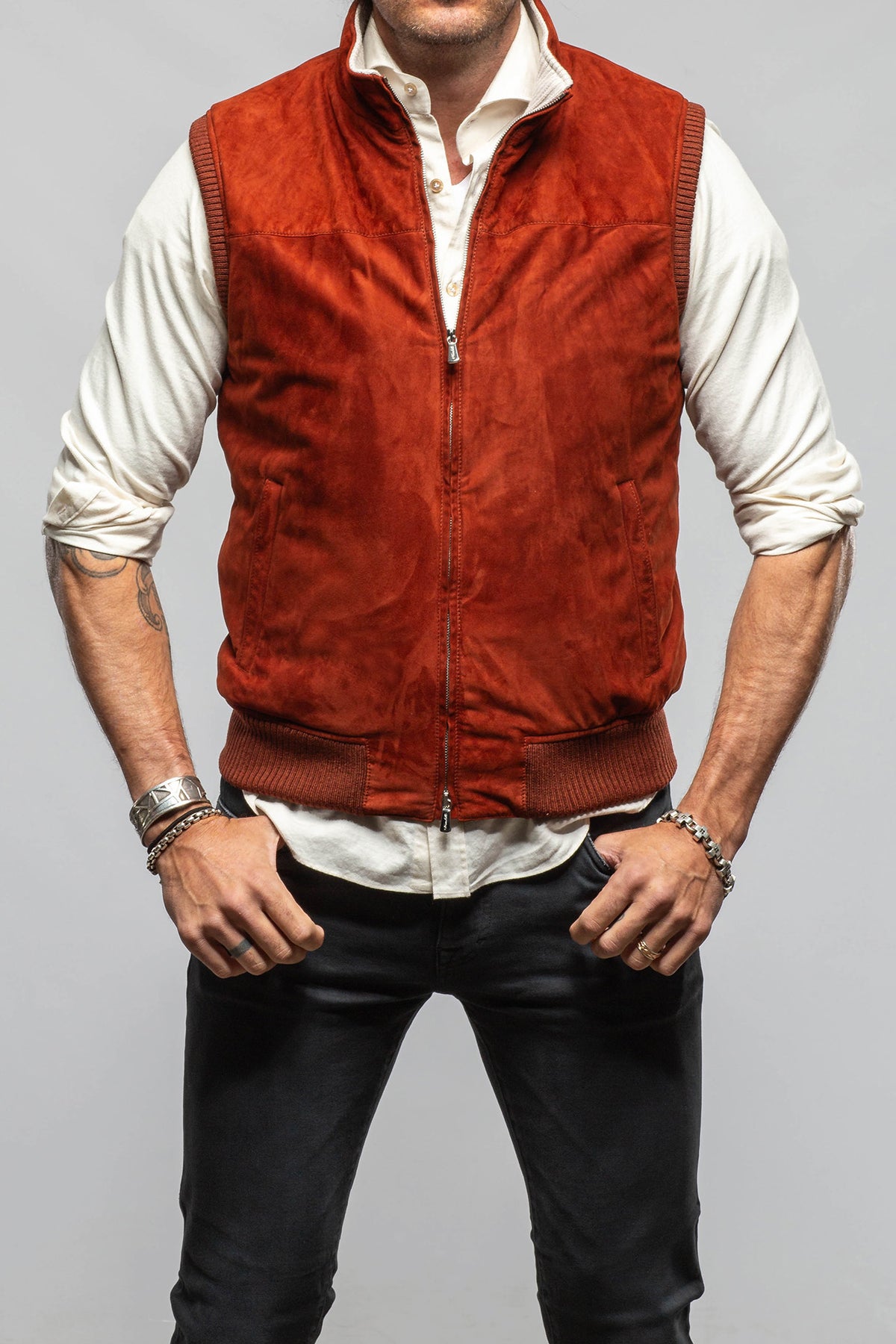 Mandelli Midler Suede Vest In Brick Mens - Outerwear - Leather