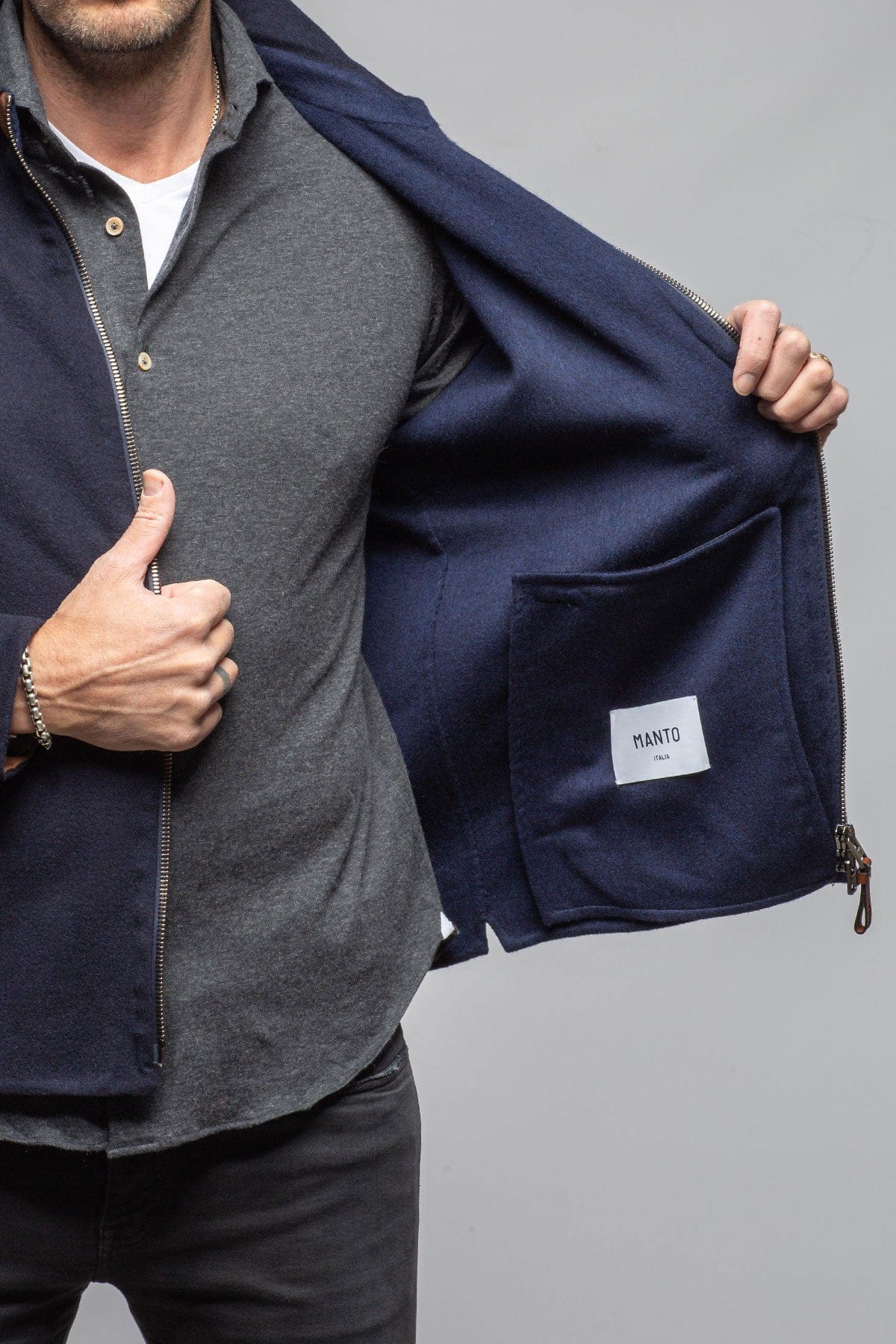 Manto Boulder Zip Jacket In Navy Wool-Silk Blend Mens - Outerwear - Cloth