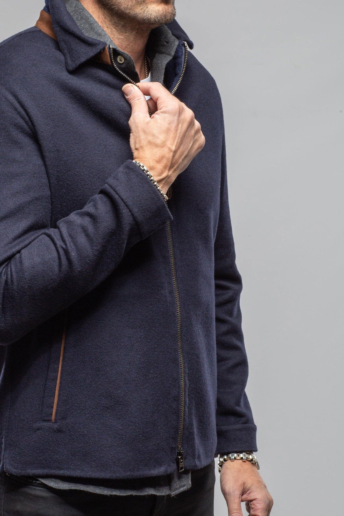 Manto Boulder Zip Jacket In Navy Wool-Silk Blend Mens - Outerwear - Cloth