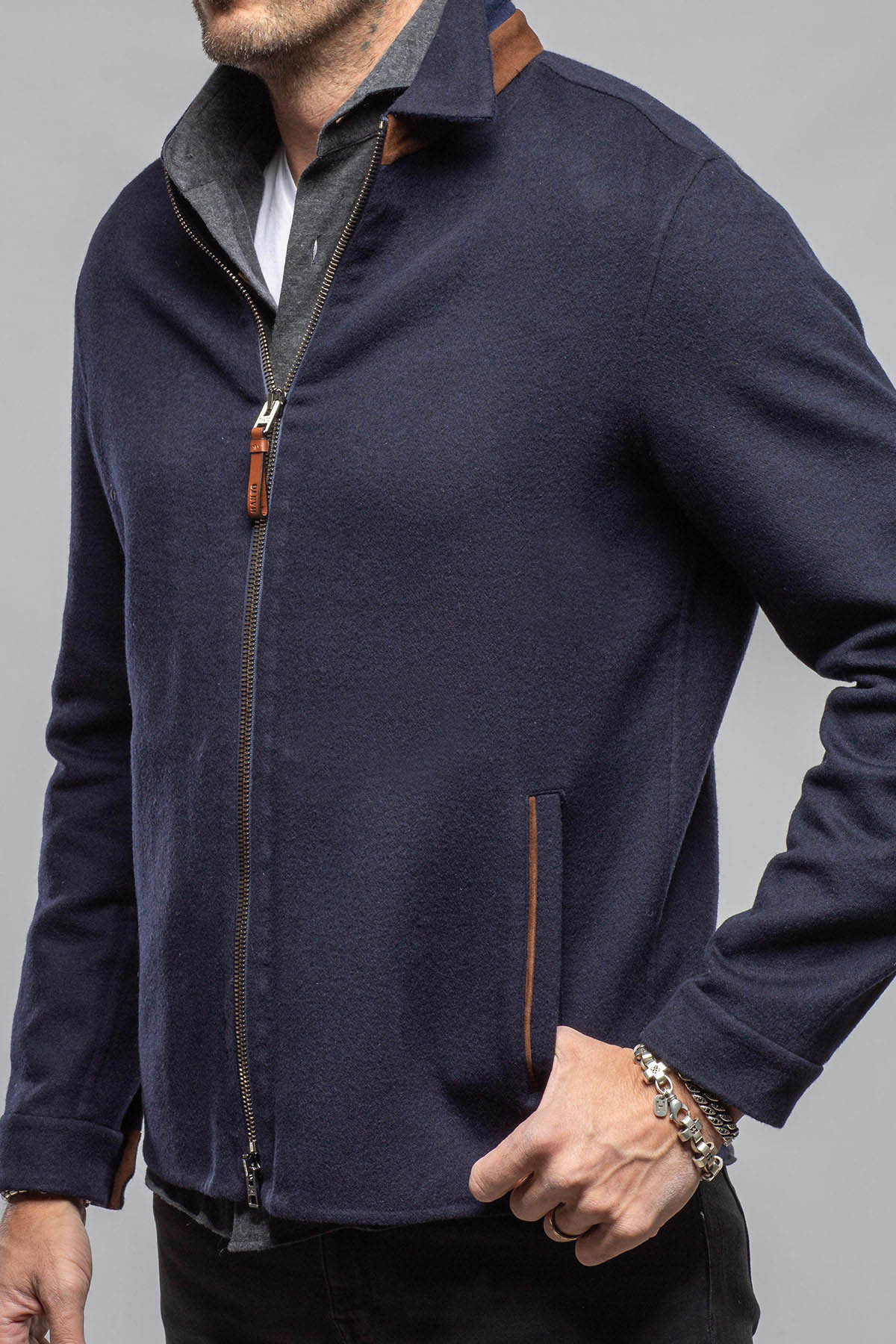 Manto Boulder Zip Jacket In Navy Wool-Silk Blend Mens - Outerwear - Cloth