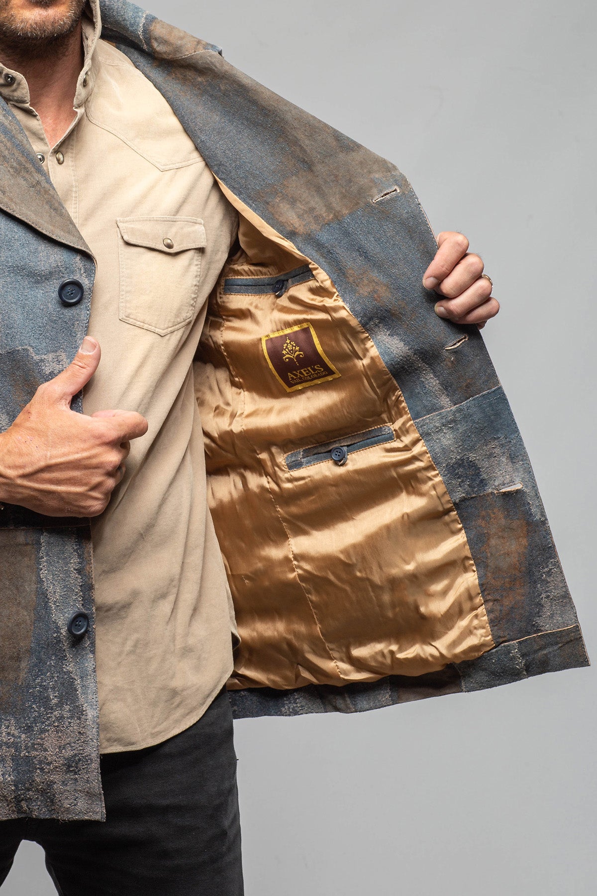 Sindri Suede Denim Coat In Cognac Blue - AXEL'S