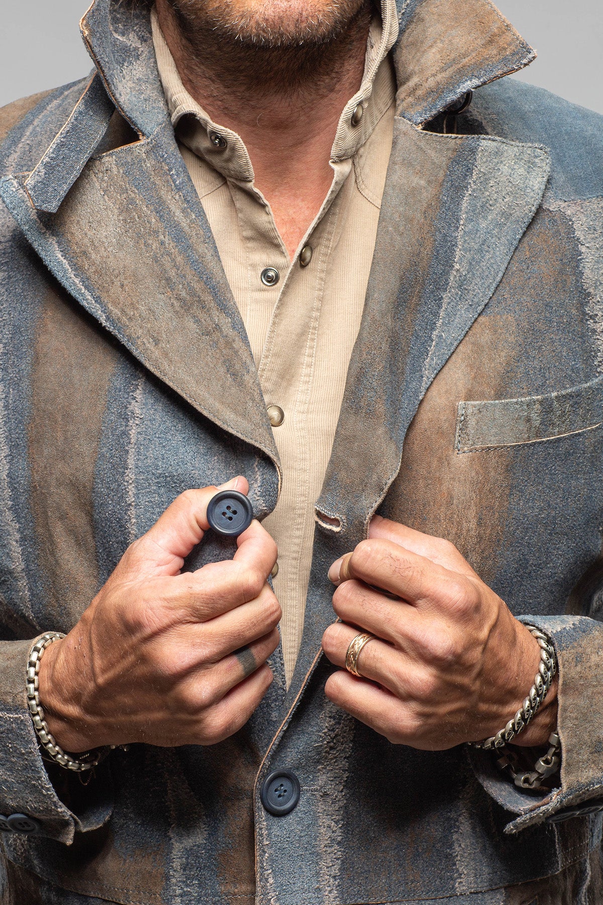 Sindri Suede Denim Coat In Cognac Blue - AXEL'S