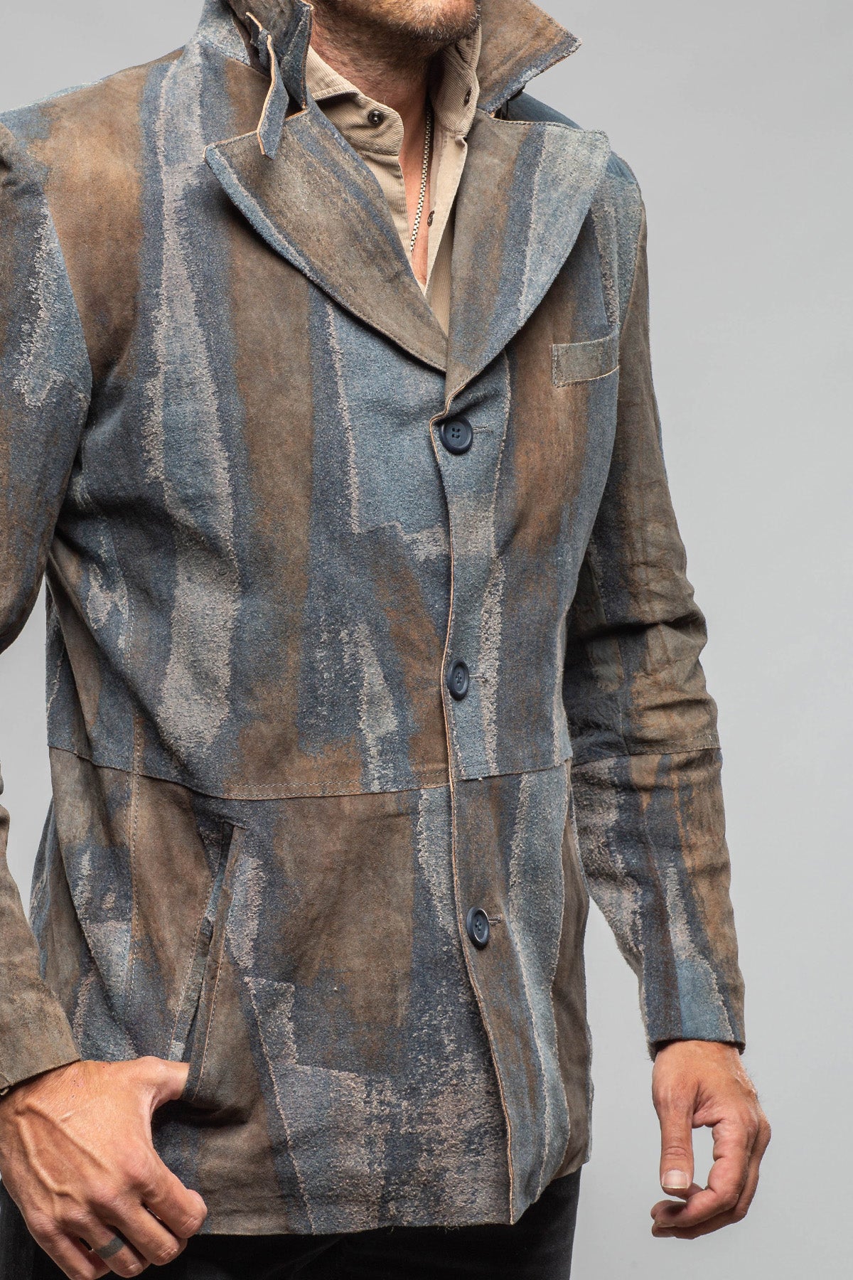 Sindri Suede Denim Coat In Cognac Blue - AXEL'S