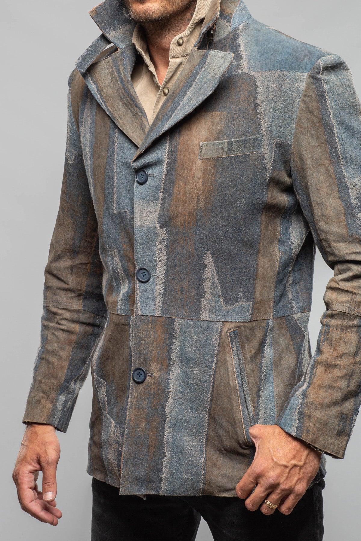 Sindri Suede Denim Coat In Cognac Blue - AXEL'S