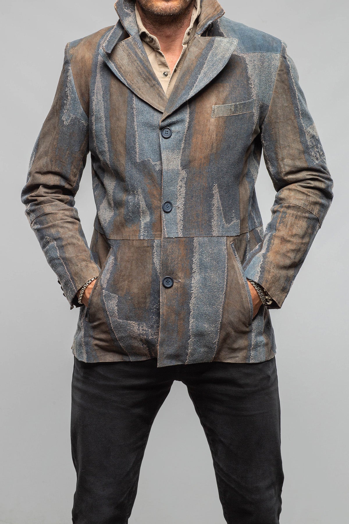 Sindri Suede Denim Coat In Cognac Blue - AXEL'S