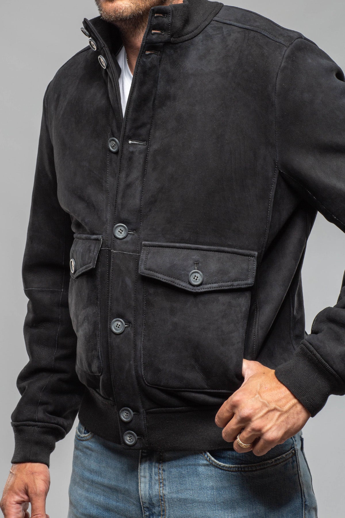 Vilken Shearling Bomber Jacket In Navy - AXEL'S