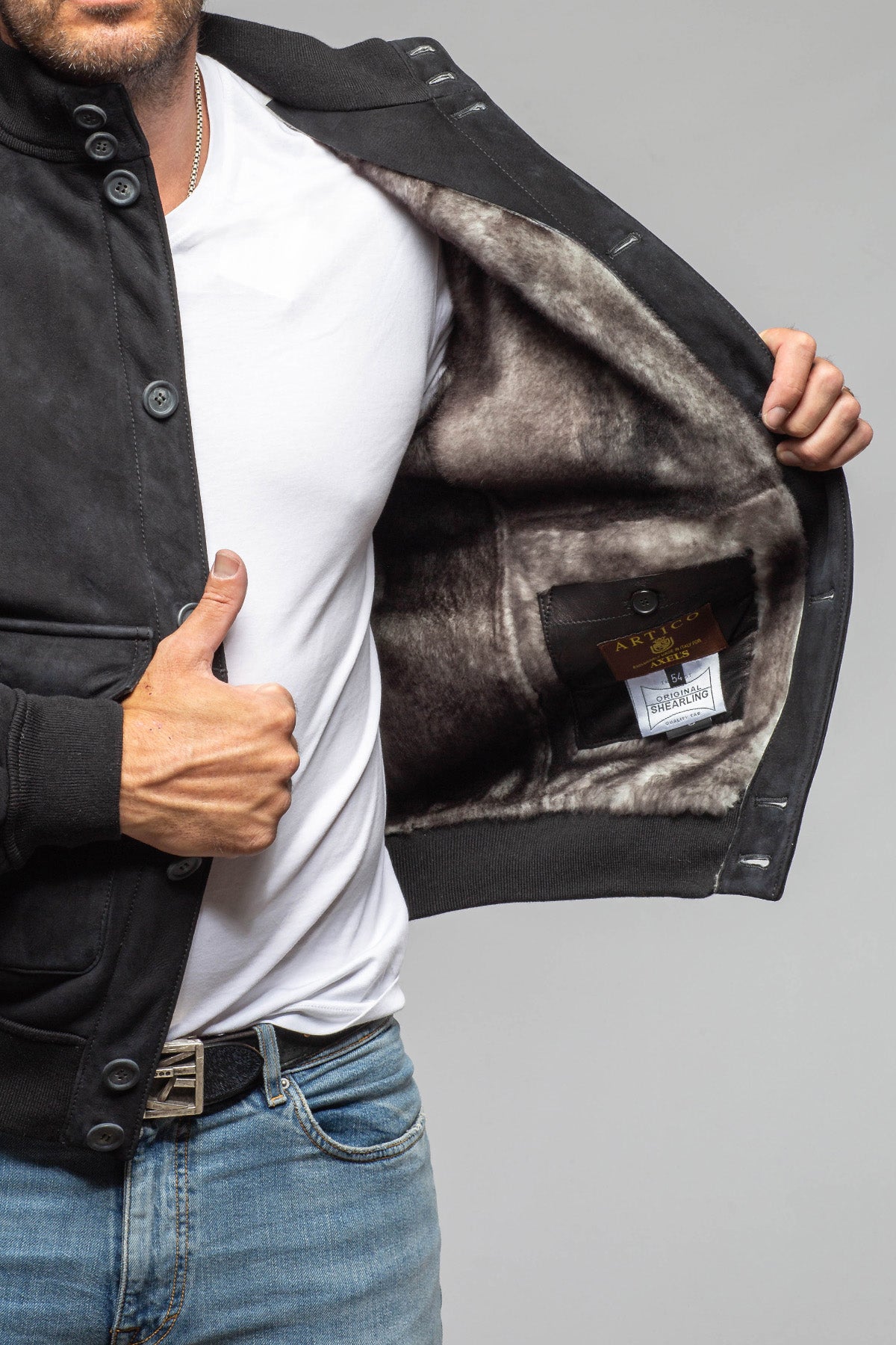 Vilken Shearling Bomber Jacket In Navy - AXEL'S