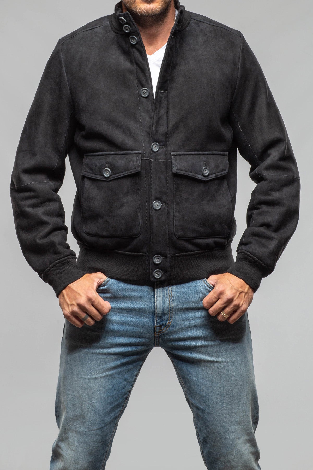 Vilken Shearling Bomber Jacket In Navy - AXEL'S