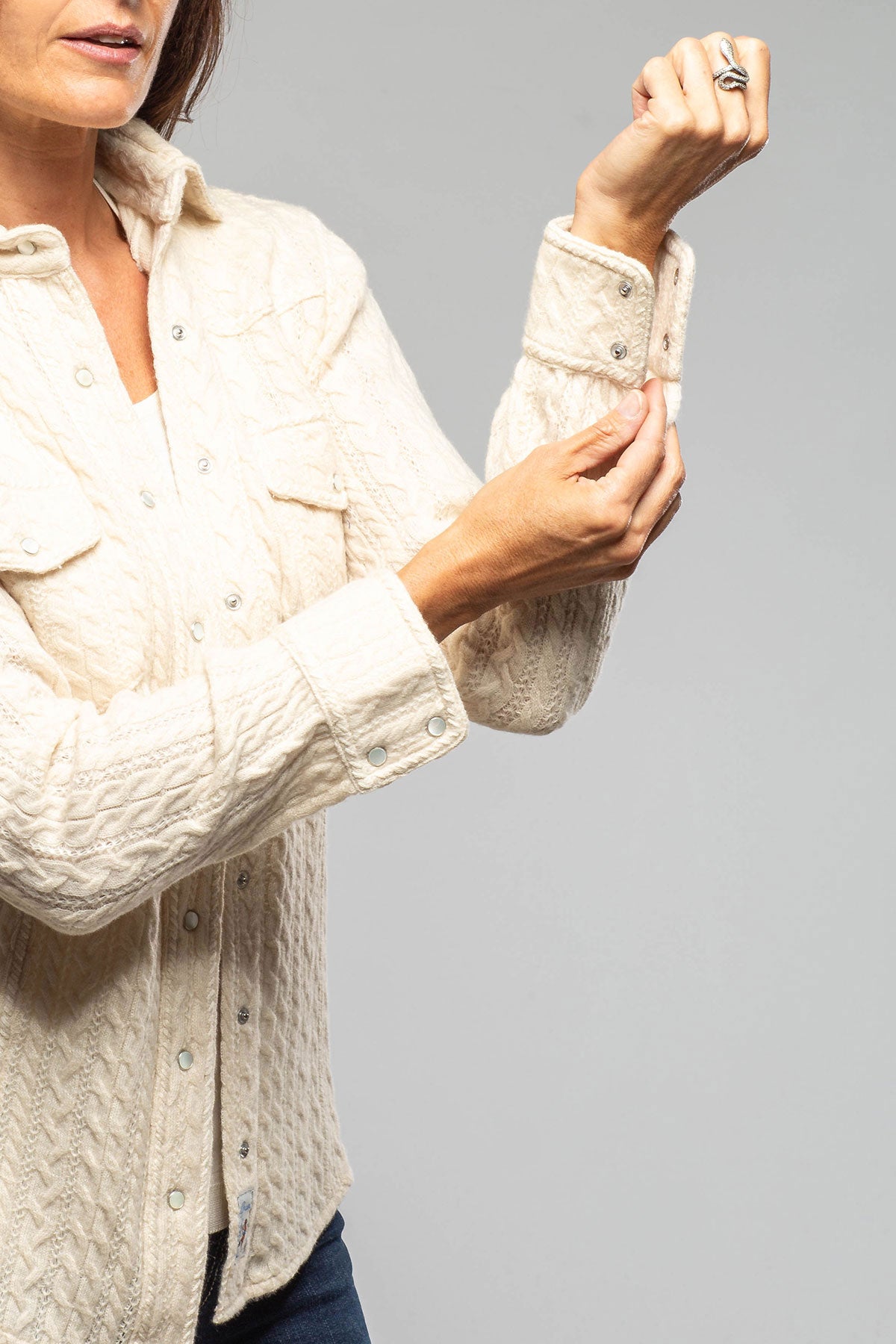 Annabel Cable Cashmere Western Shirt In Creamy Beige - AXEL'S