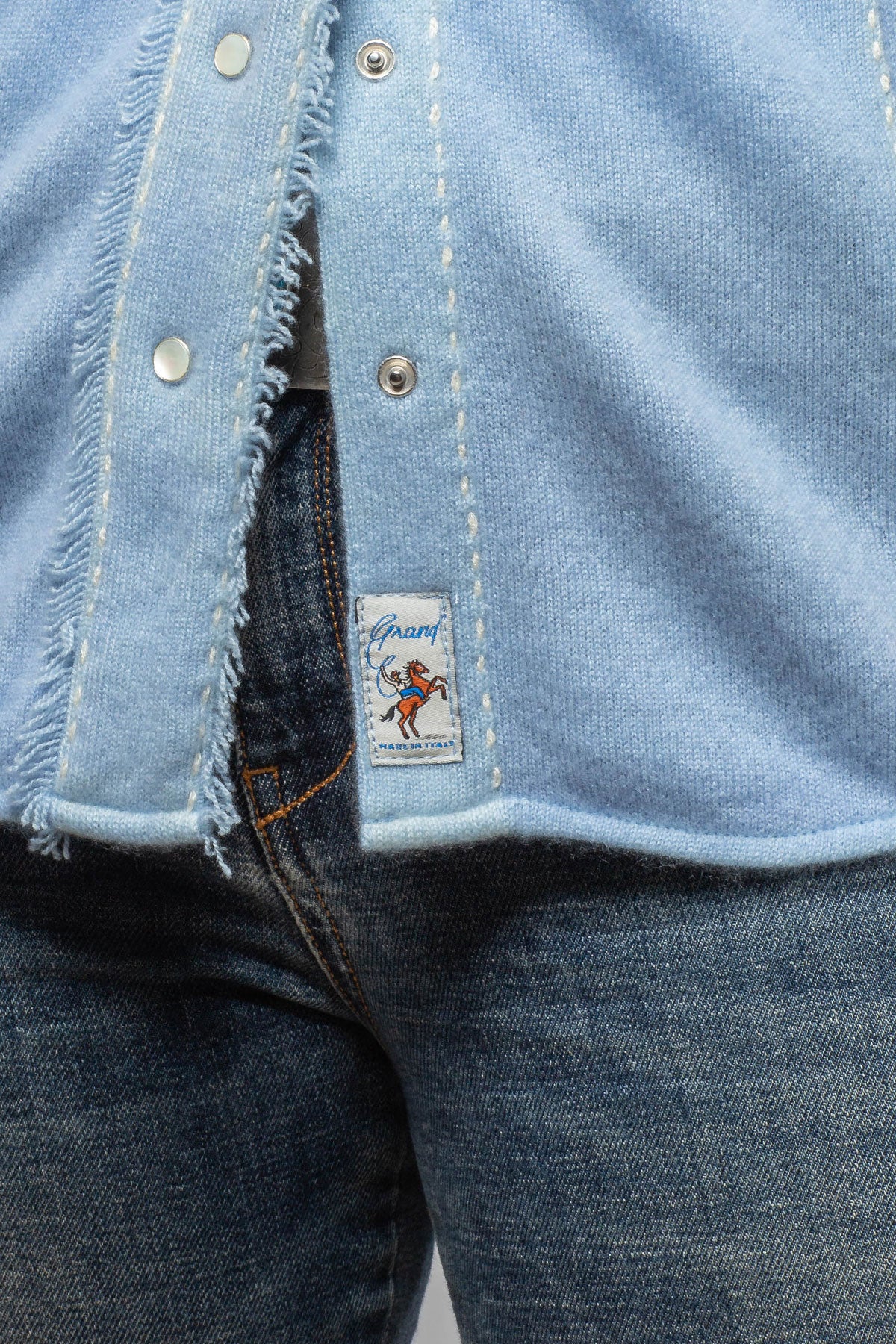 Dotty Pic Stitch Fringe Shirt In Denim Melange - AXEL'S