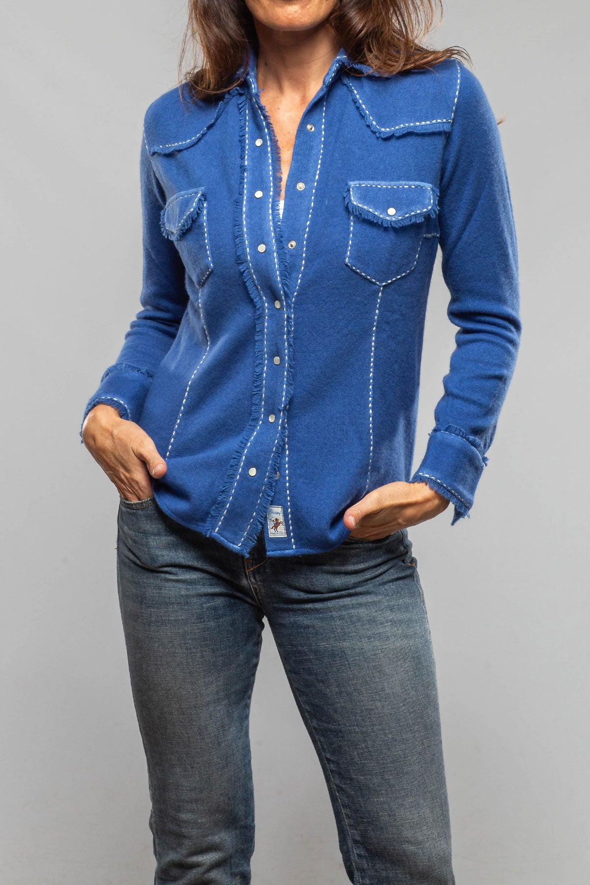 Dotty Pic Stitch Fringe Shirt In Lapiz Lazuli Blue - AXEL'S