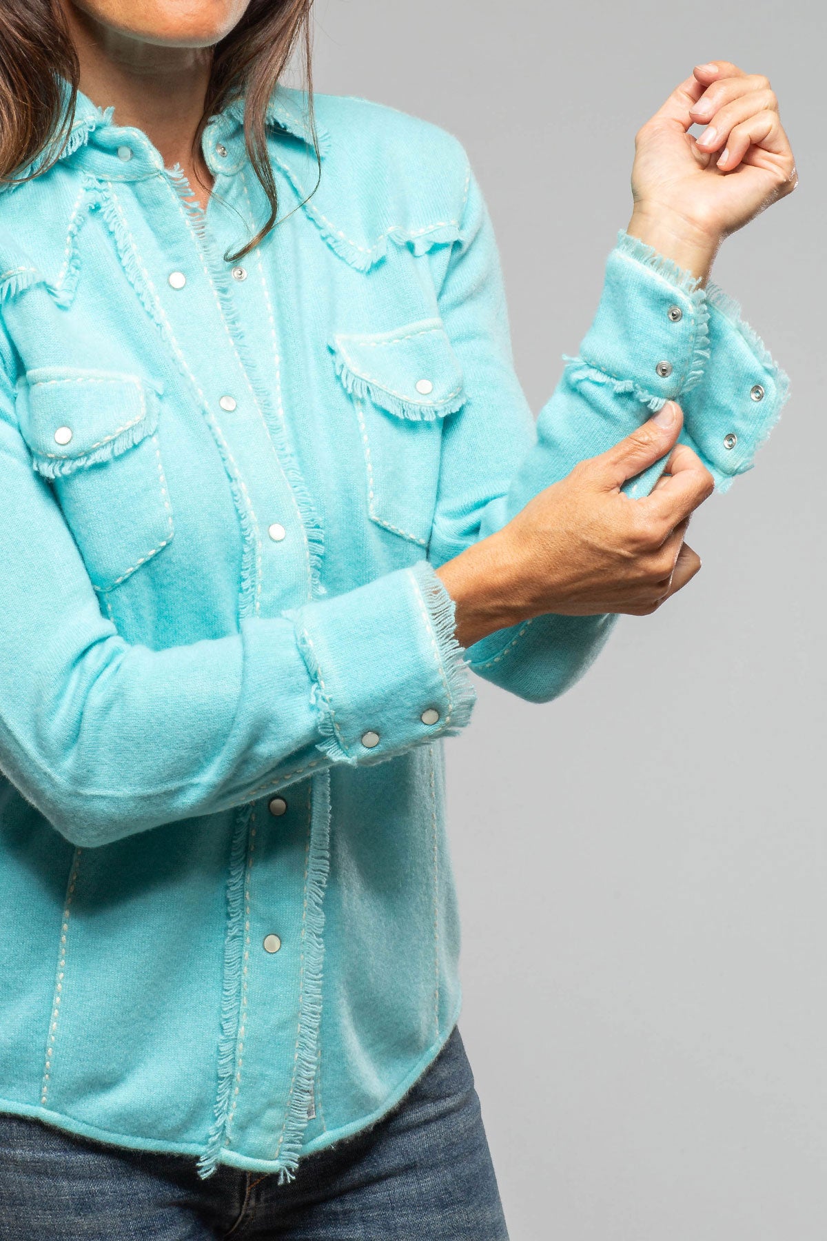 Dotty Pic Stitch Fringe Shirt In Turquoise - AXEL'S