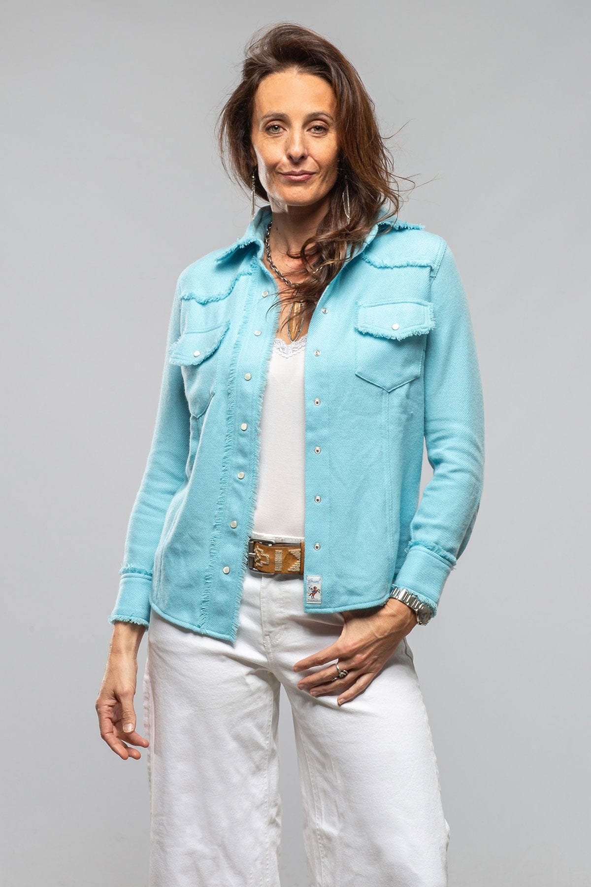 Gaby Raw Edge Overdye Cashmere Shirt In Turquoise - AXEL'S
