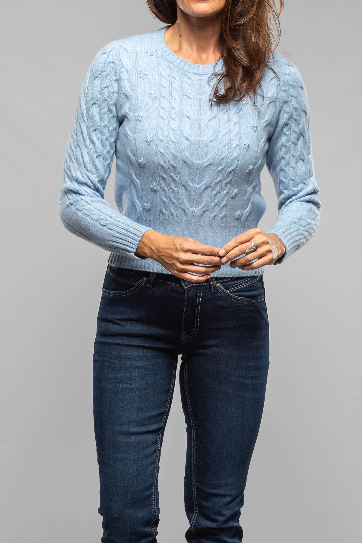 Layla Embroidered Cable Cashmere Sweater In Denim - AXEL'S