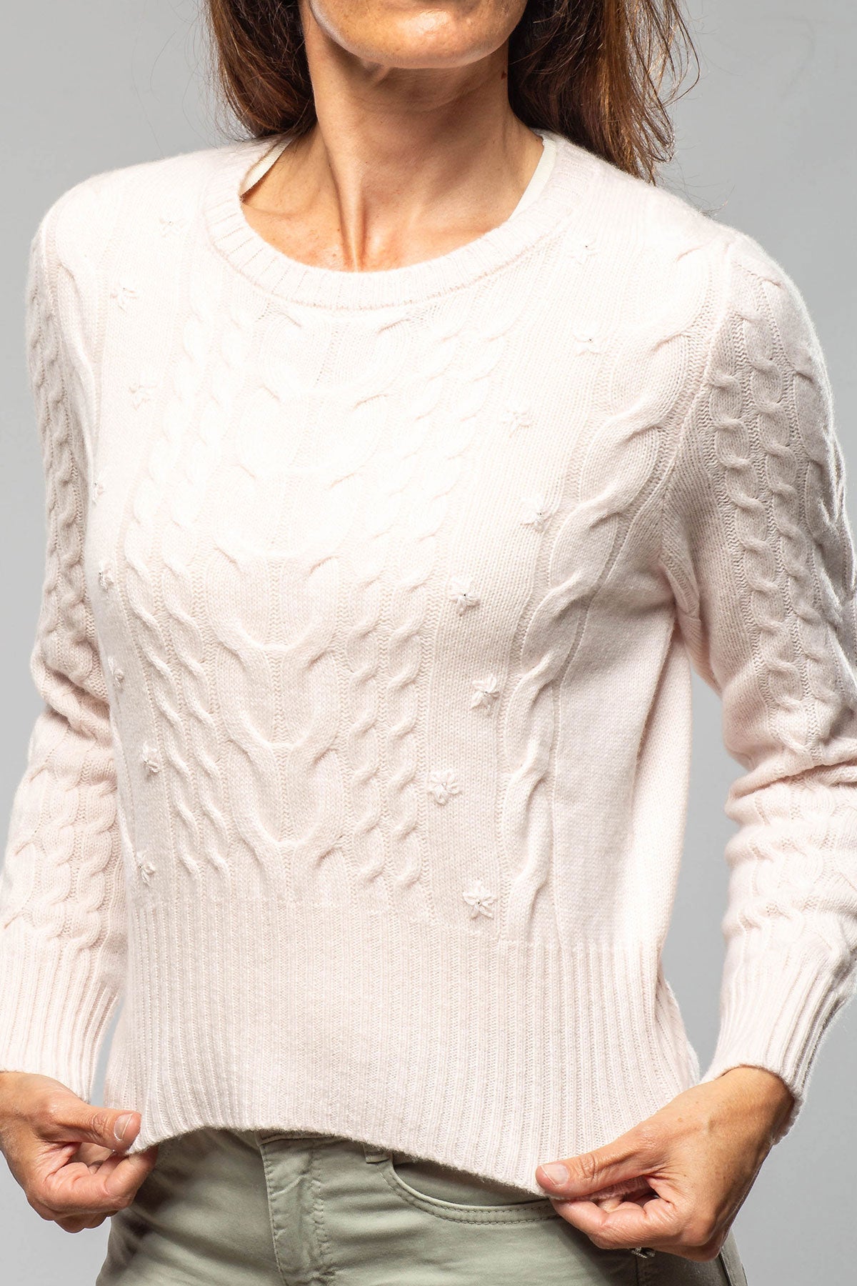 Layla Embroidered Cable Cashmere Sweater In Pink - AXEL'S