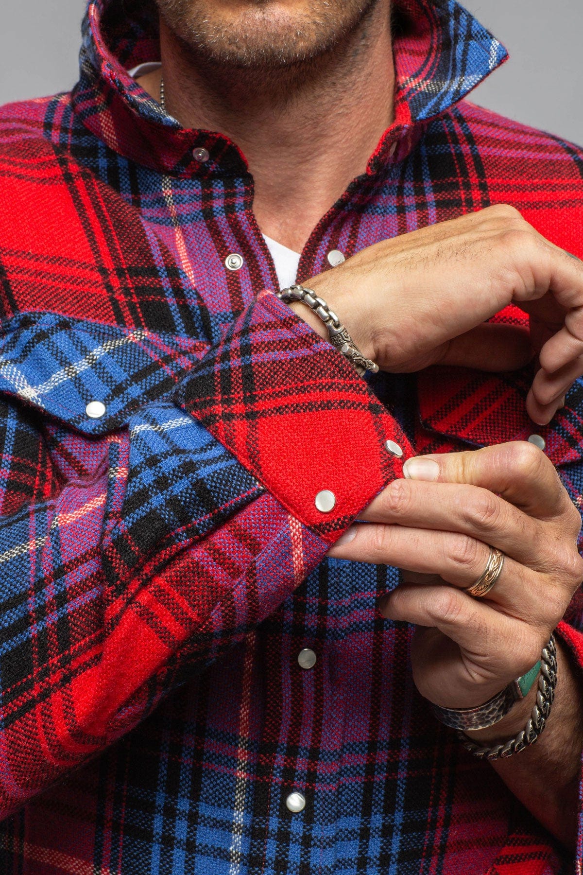 Cashmere Flannel Snap Shirt In Red Cobalt - AXEL'S