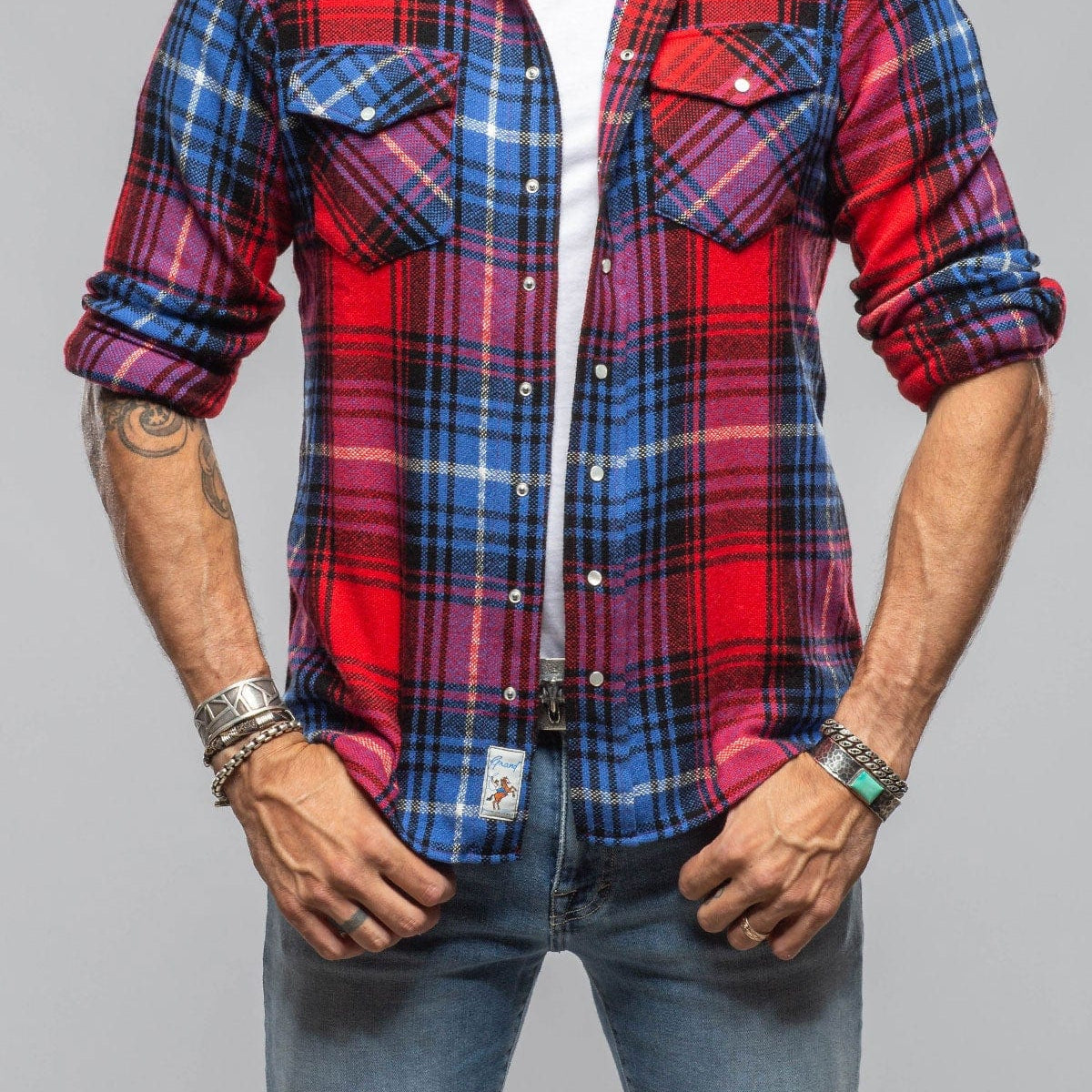 Richard Grand Cashmere Flannel Snap Shirt In Red Cobalt