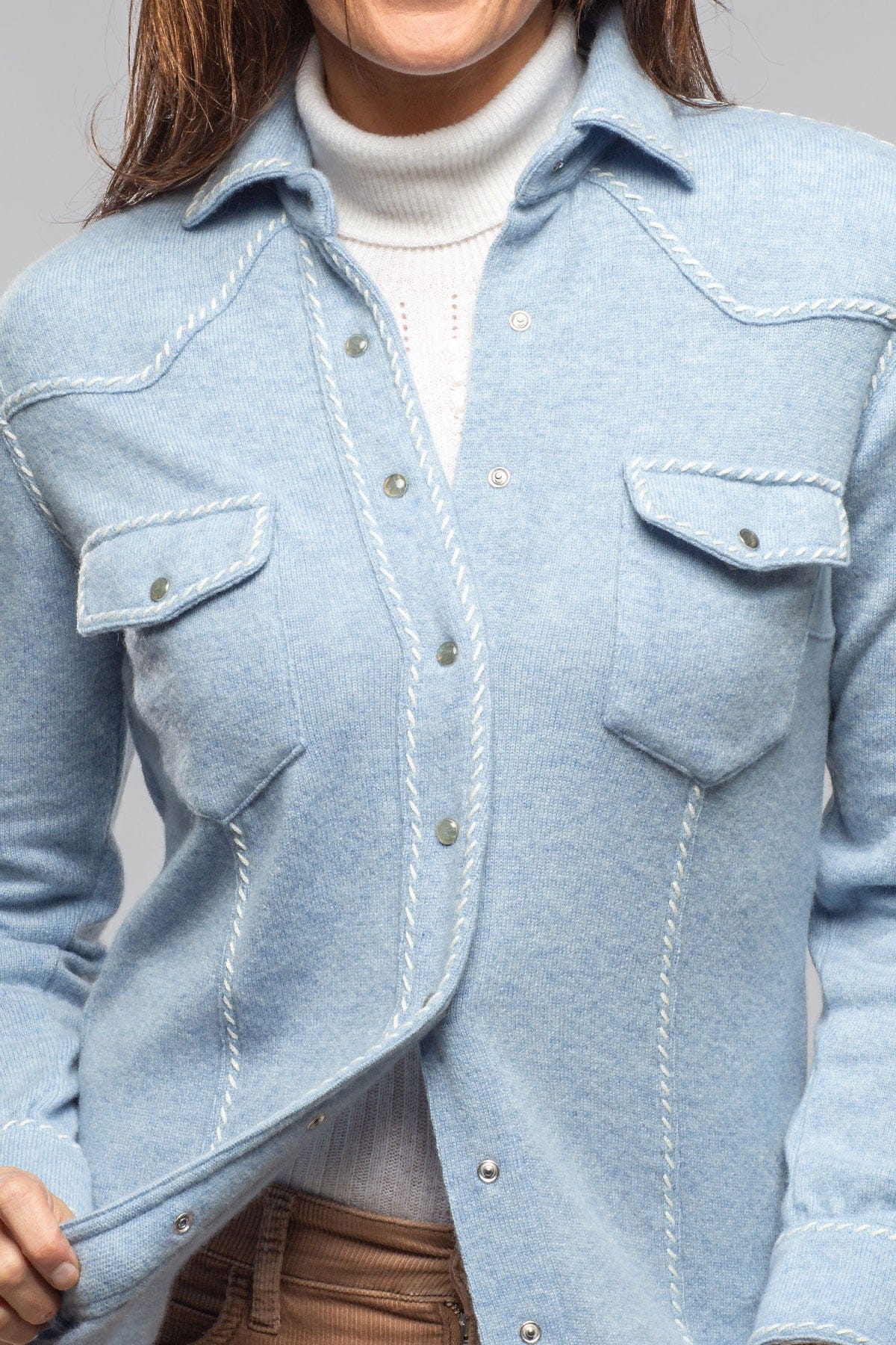 Richard Grand Whipstitch Cashmere Western Shirt In Light Blue Ladies - Tops