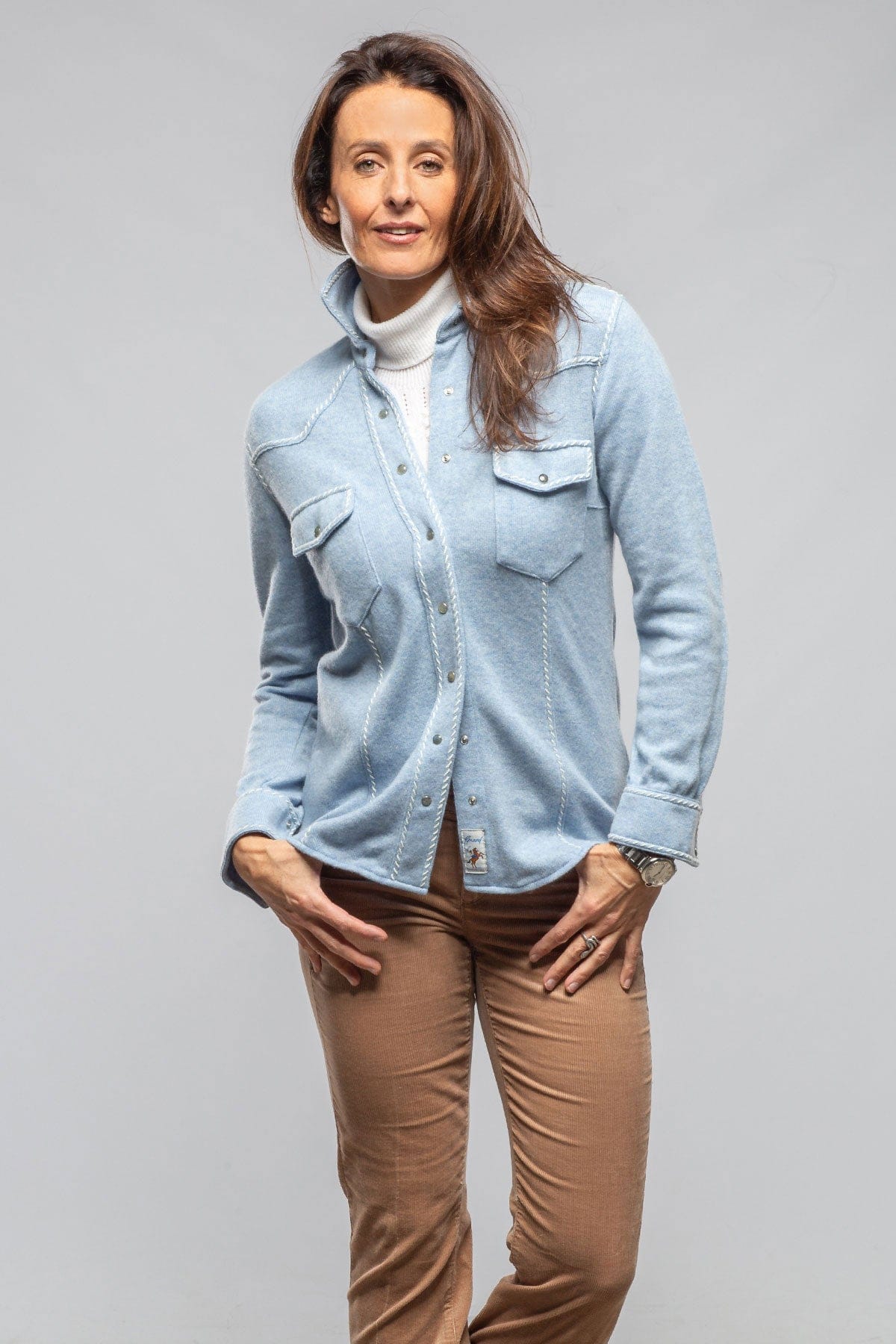 Richard Grand Whipstitch Cashmere Western Shirt In Light Blue Ladies - Tops