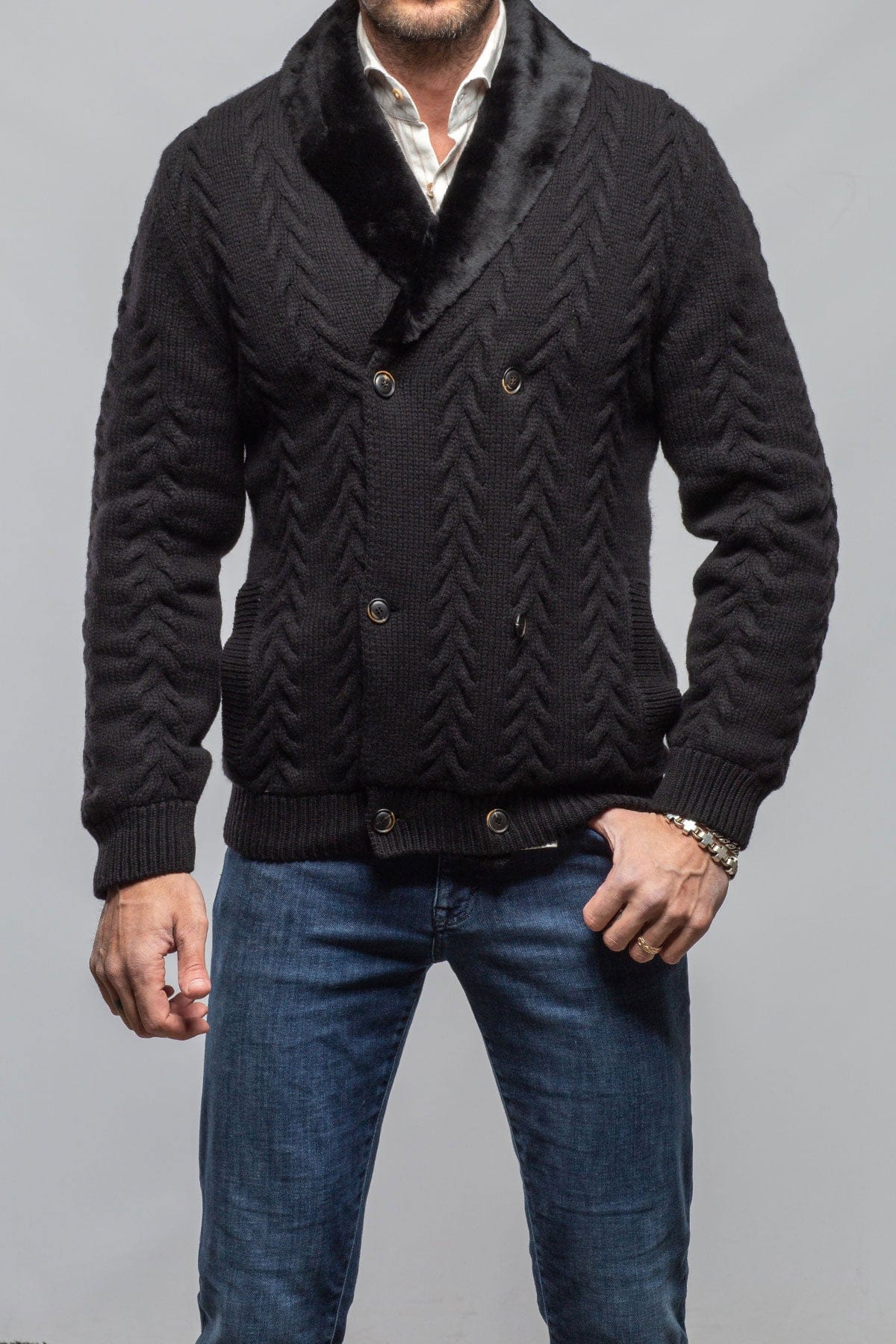 Robert Comstock RC Shearling Cardigan In Black Mens - Outerwear - Cloth