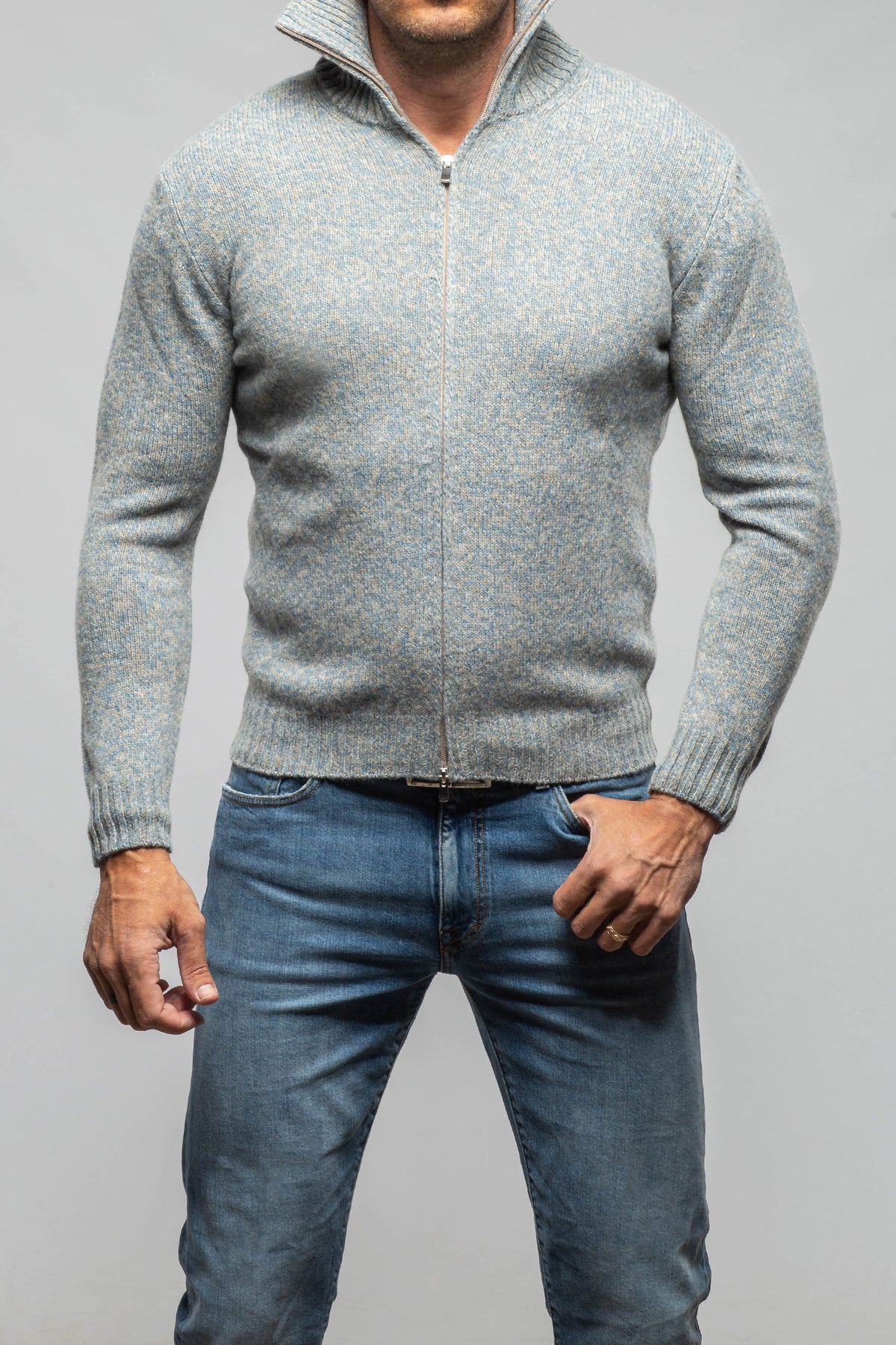 Settefili Cashmere Torvald Full Zip Sweater In Denim Mens - Sweaters
