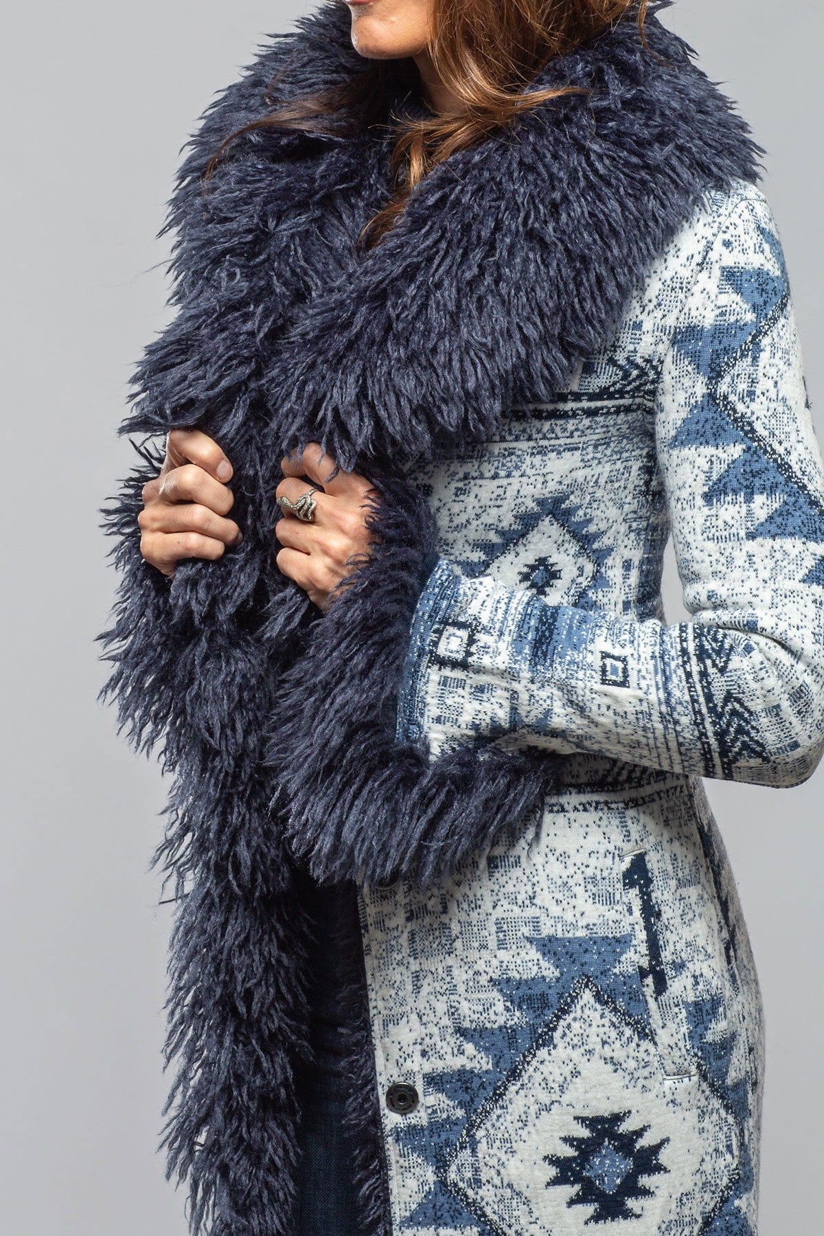 Sonia Villa Beth Woven Duster Mongolian Trim Ladies - Outerwear - Cloth