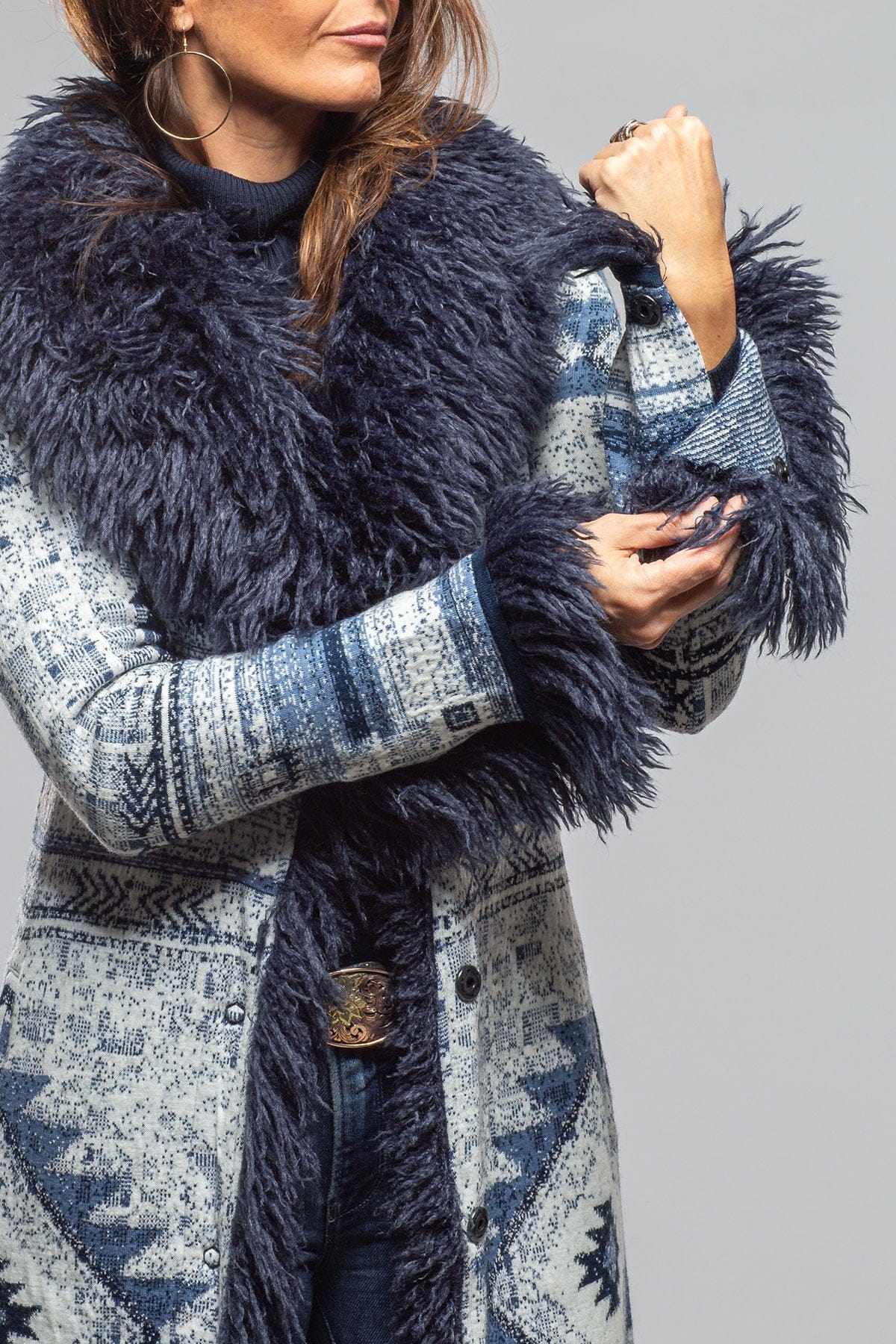 Sonia Villa Beth Woven Duster Mongolian Trim Ladies - Outerwear - Cloth