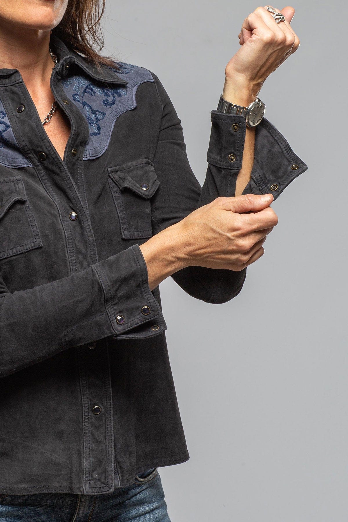 Columbine Suede Snap Shirt In Embroidered Navy - AXEL'S