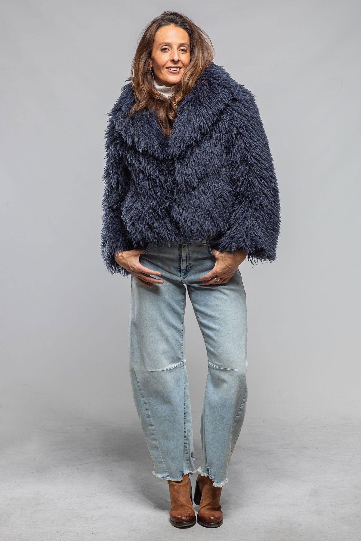 Sonia Villa Mongolian Cropped Coat In Eclipse Blue Ladies - Outerwear - Cloth