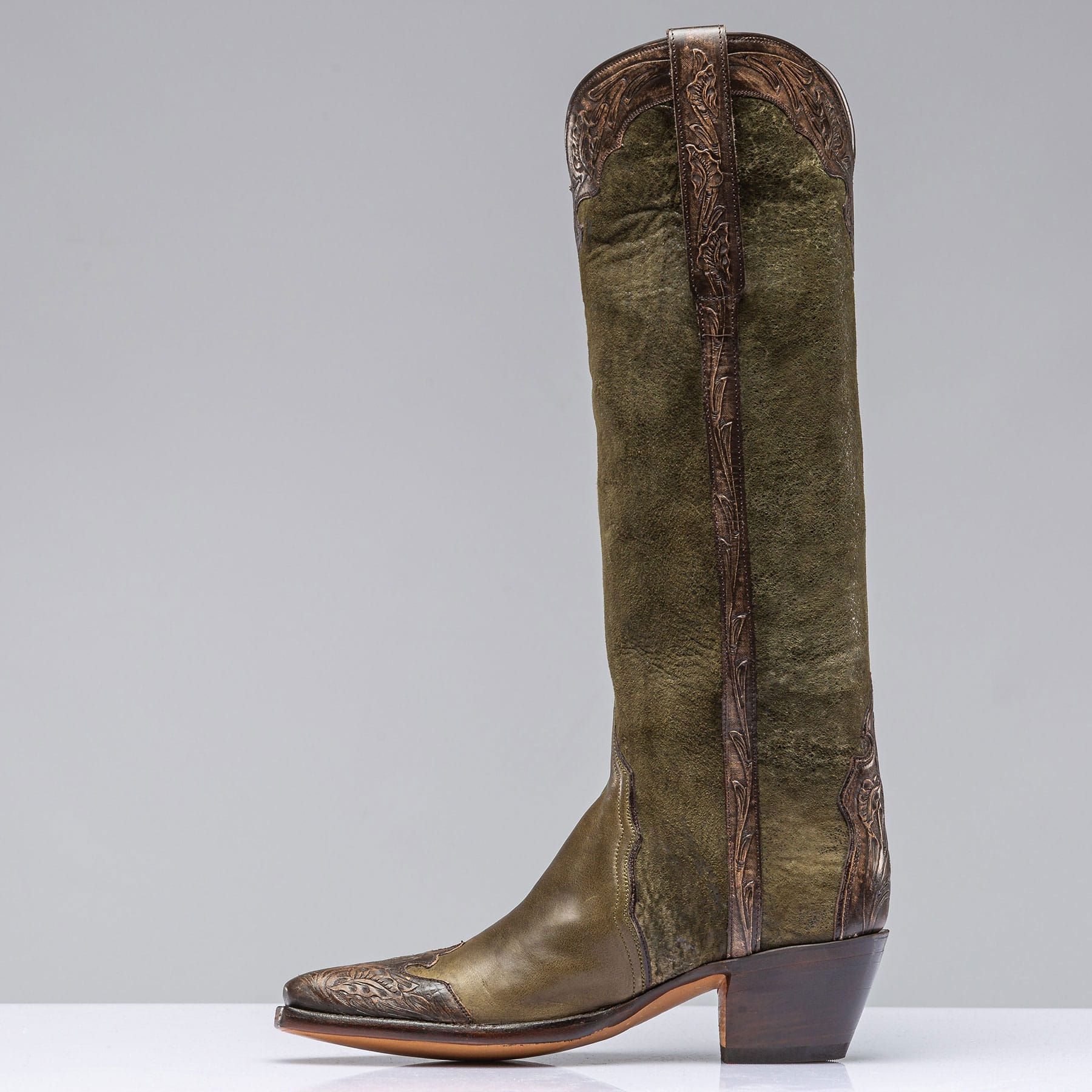 Bosque Olive Lambsuede & Tooled Calfskin Boot - AXEL'S