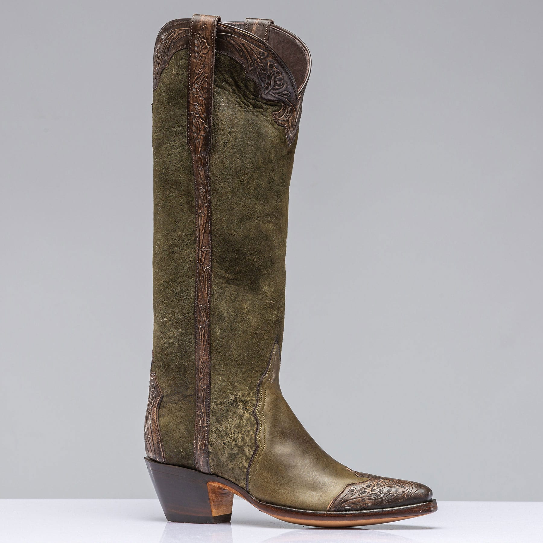 Bosque Olive Lambsuede & Tooled Calfskin Boot - AXEL'S
