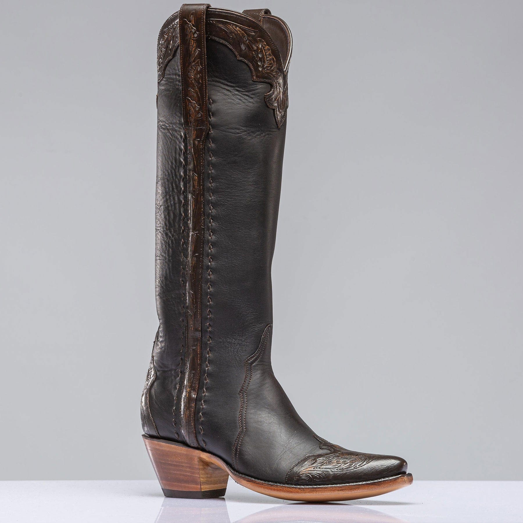 Stallion Boots Gunmetal Tall Boot In Cognac Tooling Ladies - Cowboy Boots