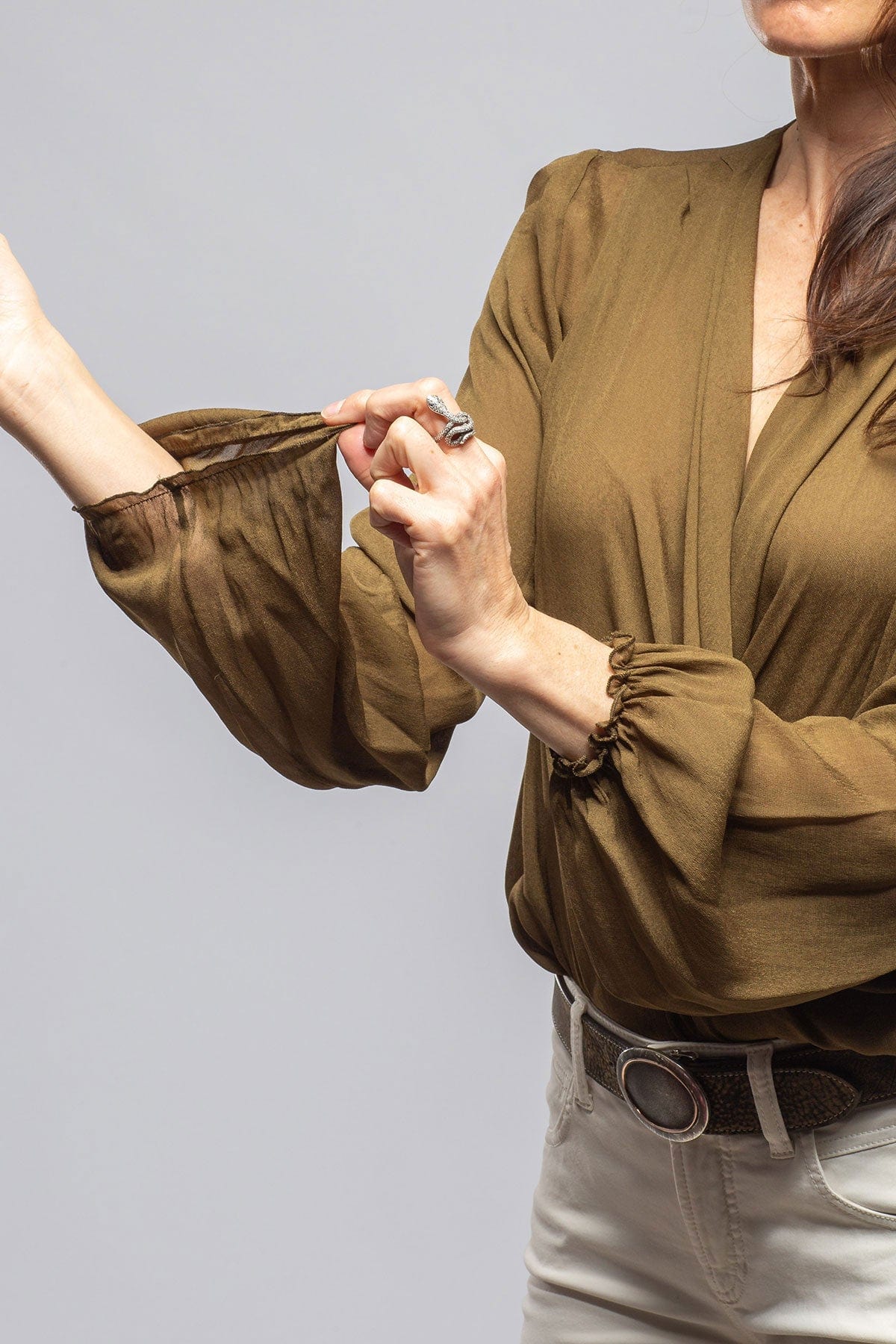 Laia V-Neck Peasant Blouse In Olive - AXEL'S