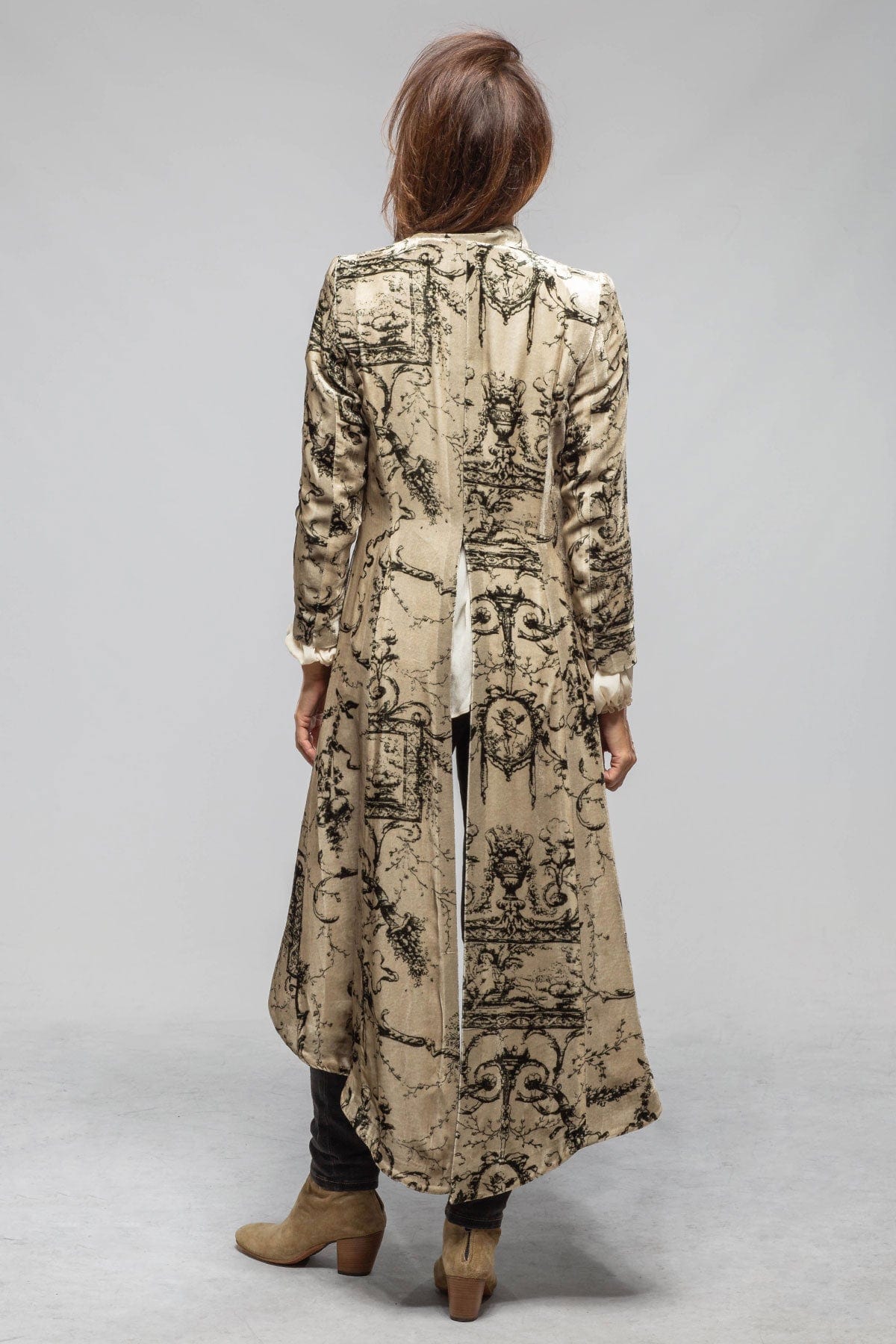 Long Morgana Silk Velvet Coat In Beige & Green Print - AXEL'S