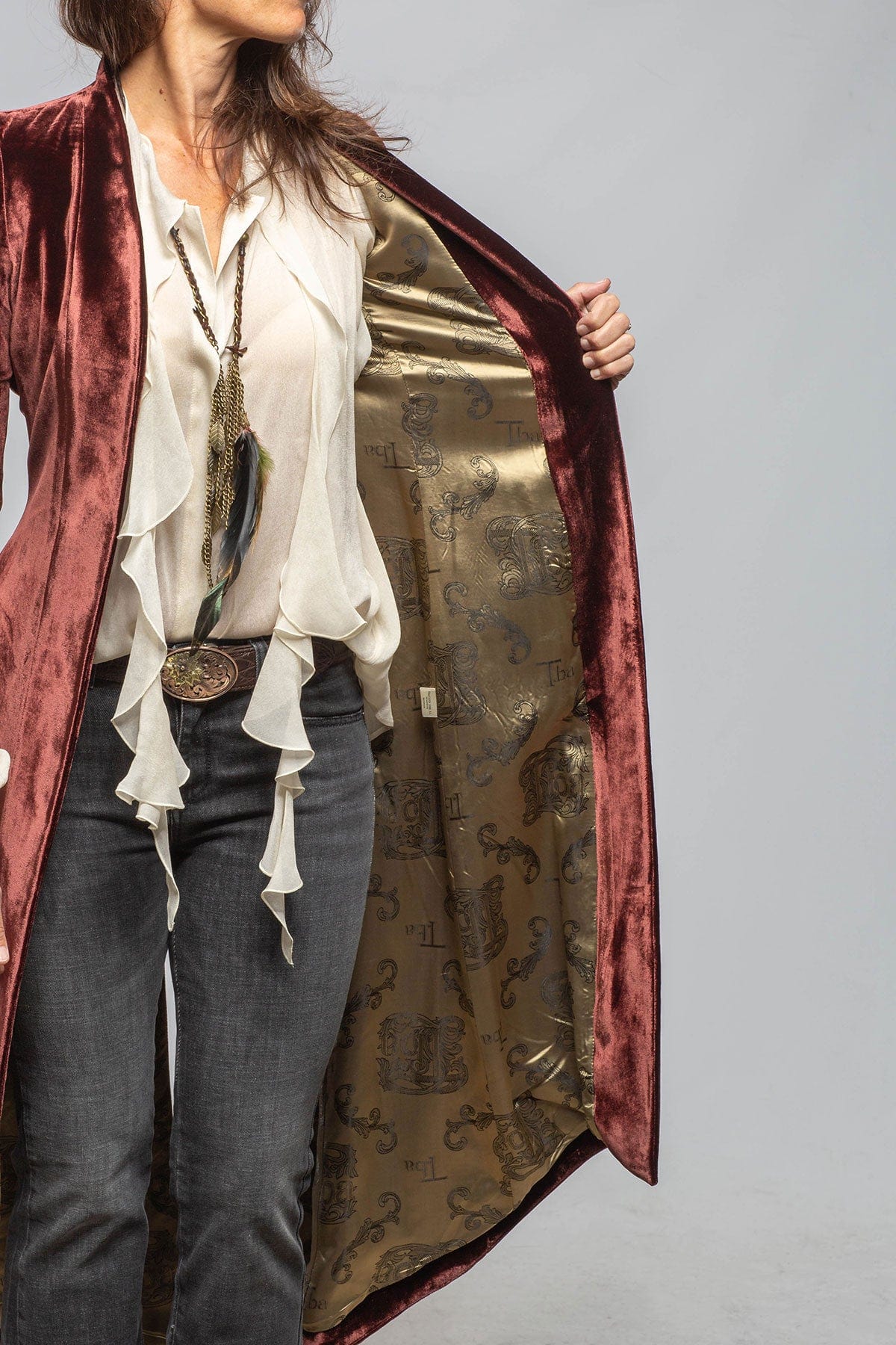 Long Morgana Silk Velvet Coat In Burgundy - AXEL'S