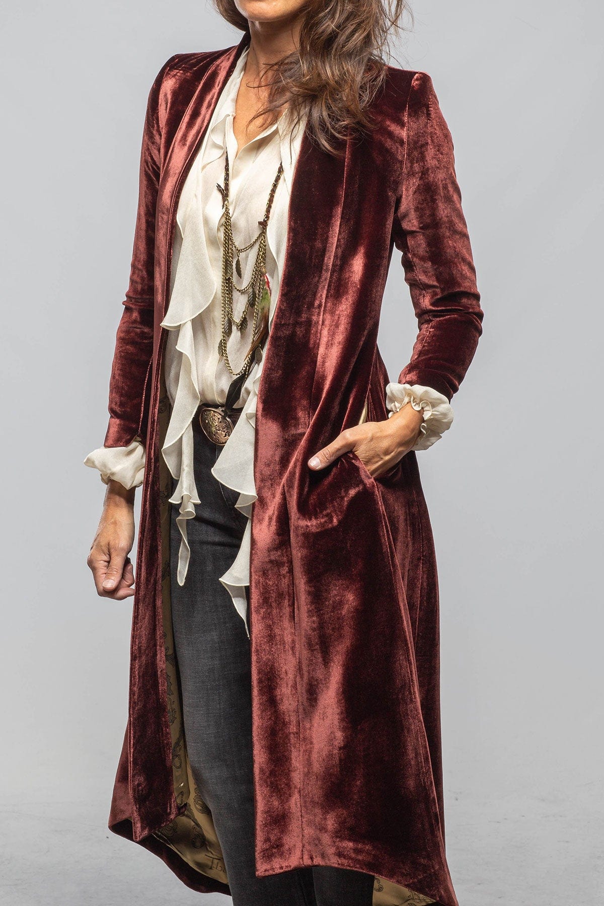 Long Morgana Silk Velvet Coat In Burgundy - AXEL'S