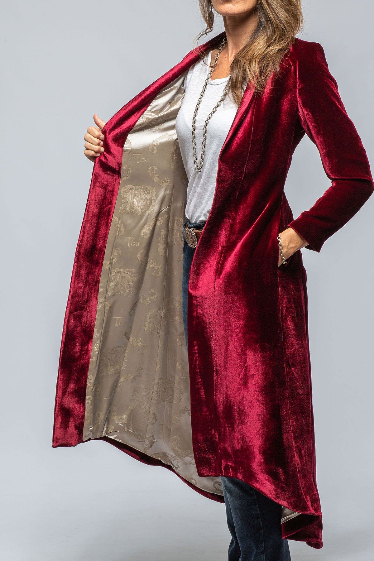 Long Morgana Silk Velvet Coat In Wine - AXEL'S