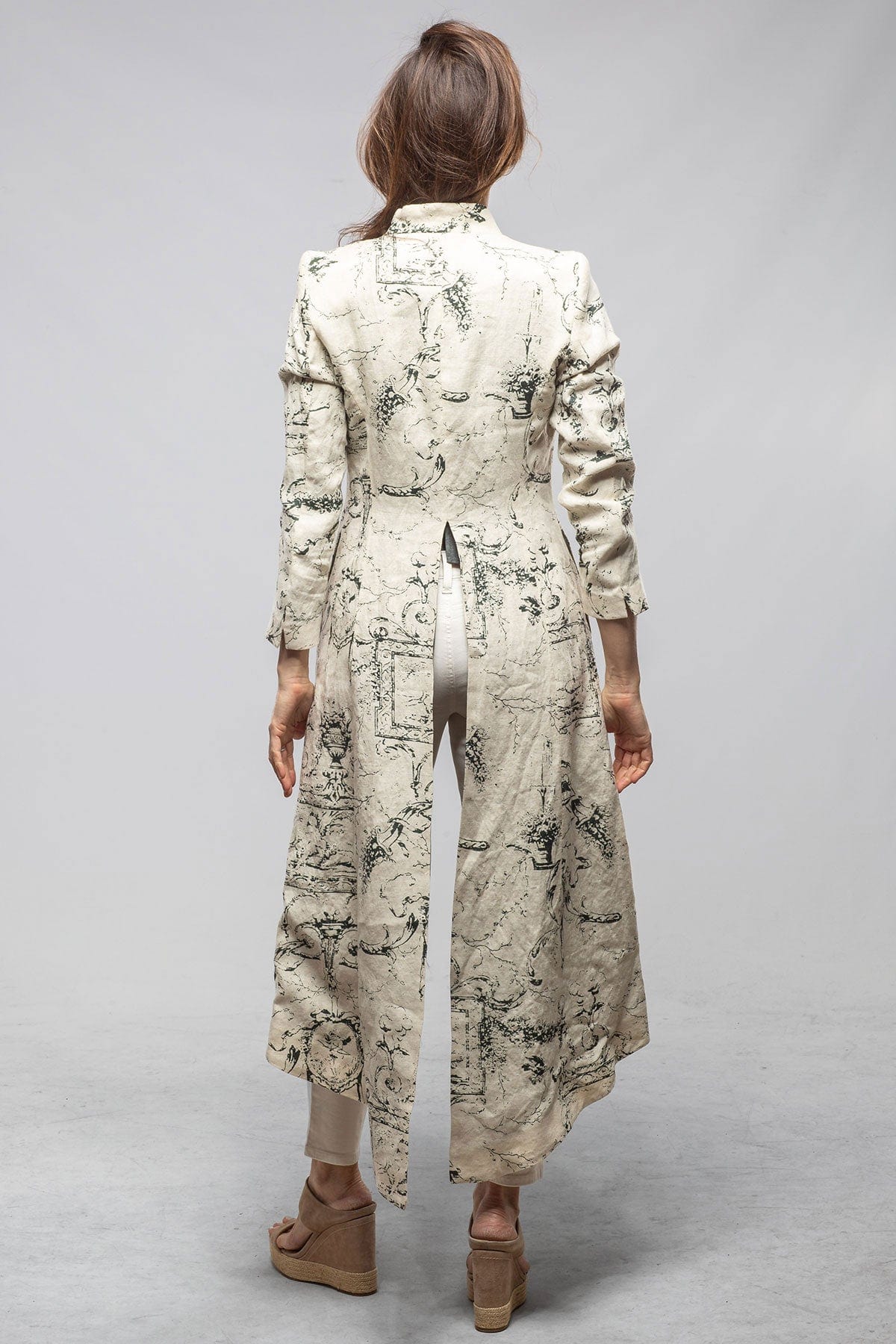 Majorca Long Linen Coat In Beige Toscana Print - AXEL'S