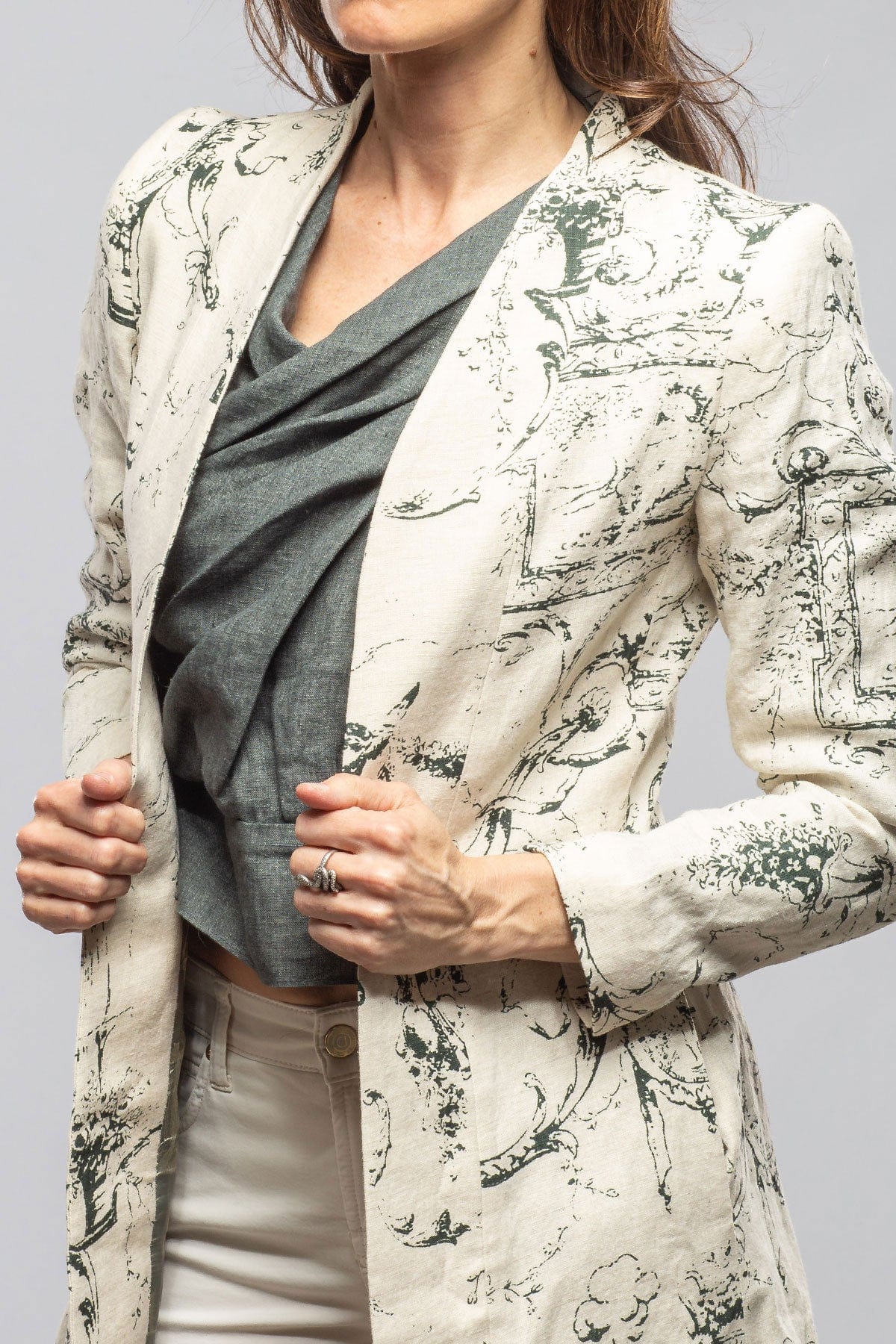 Majorca Long Linen Coat In Beige Toscana Print - AXEL'S