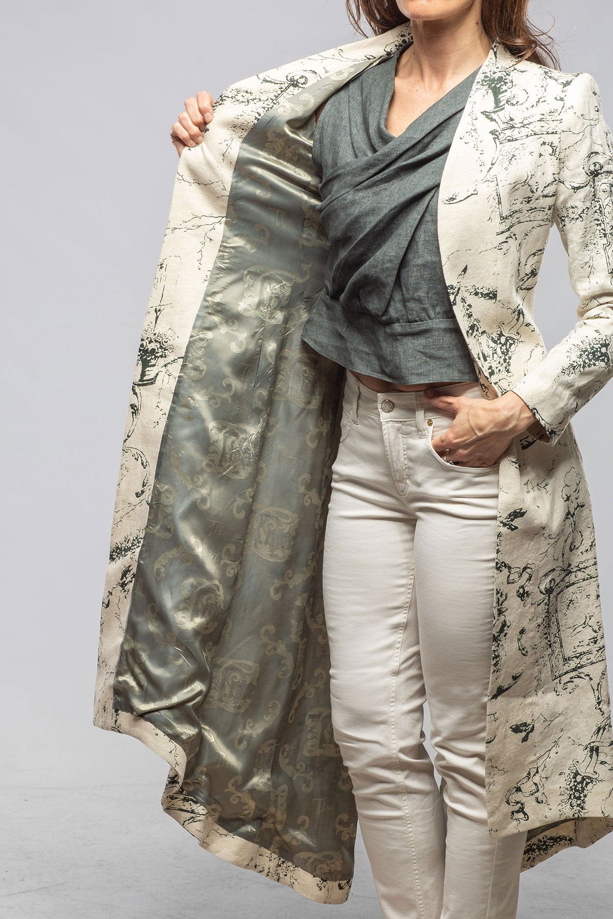 Majorca Long Linen Coat In Beige Toscana Print - AXEL'S