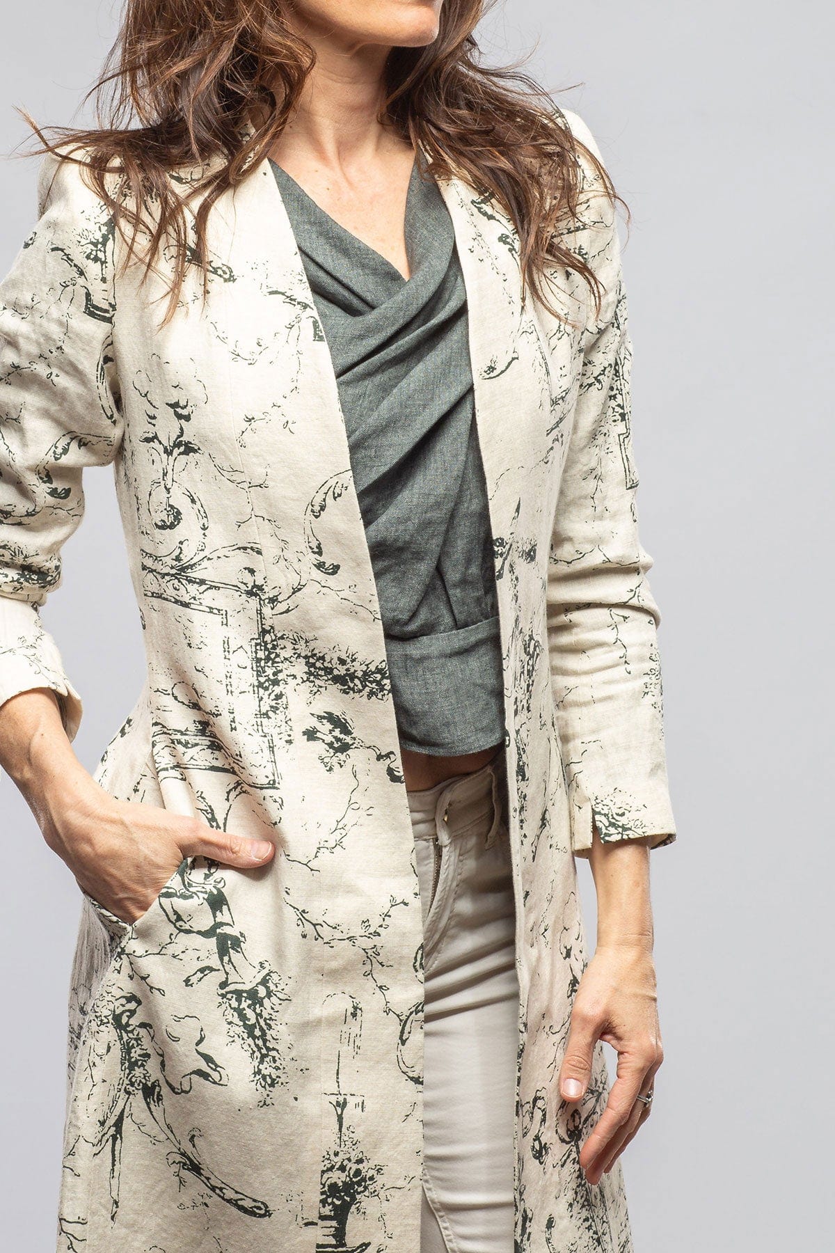 Majorca Long Linen Coat In Beige Toscana Print - AXEL'S